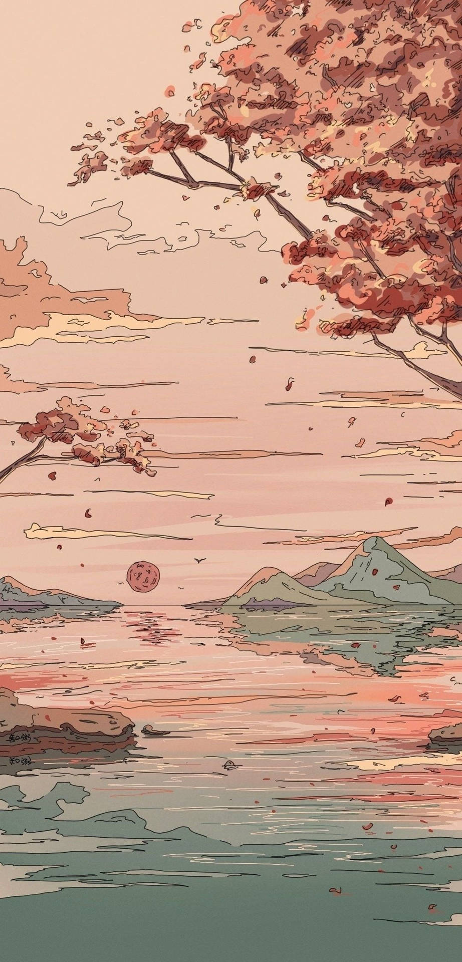 湖邊櫻花樹，遠山和柔和粉紅天空