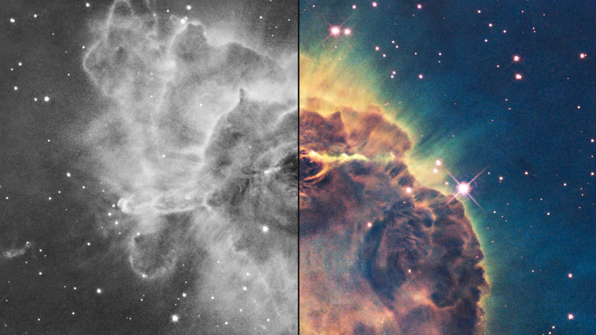 彩色與灰階卡里納星雲天文 壁紙 — 左側為灰階、右側為鮮豔色彩的宇宙星雲分割視圖，帶有發光的星星。