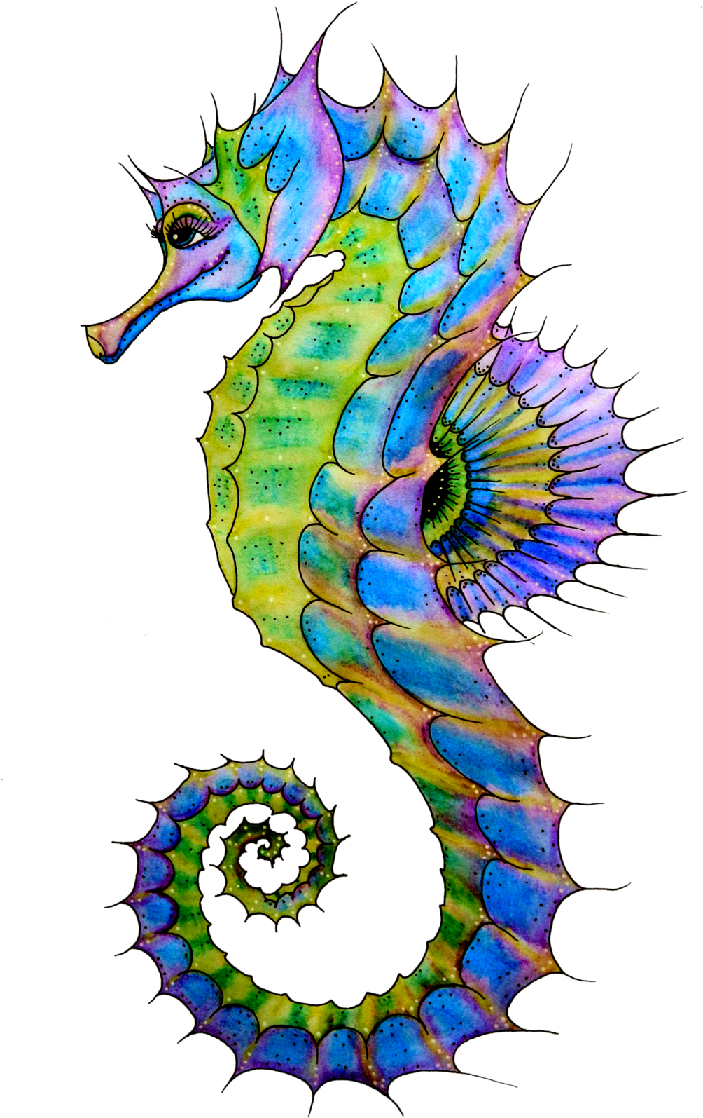 彩色藝術海馬插圖 壁紙 — 一隻色彩鮮豔的海馬，帶有虹彩藍、綠和紫色的鱗片，在純黑背景上優雅地盤旋。