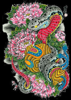彩色蛇與花朵藝術作品 壁紙