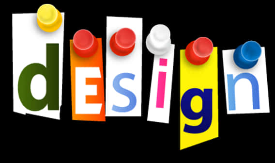 彩色設計紙夾圖 壁紙 — 「design」呢個詞用色彩繽紛嘅剪出字母拼出，用鮮色嘅圖釘固定喺黑色背景上。