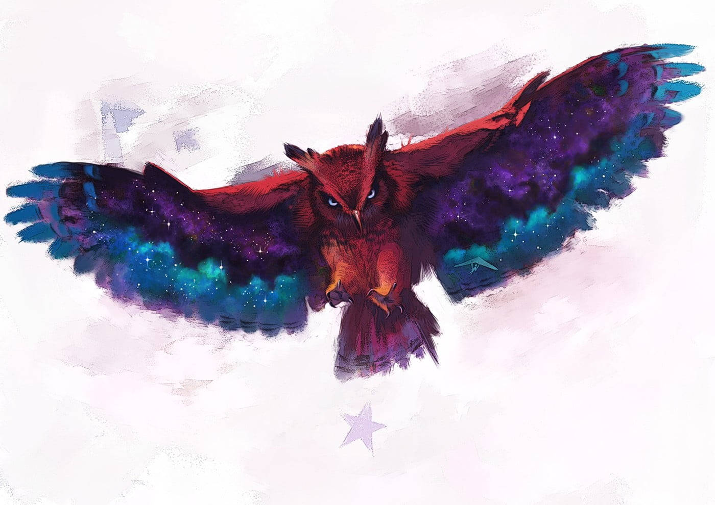 彩色貓頭鷹畫作桌面壁紙 壁紙 — 一隻雄偉的貓頭鷹，翅膀帶有銀河條紋，在柔和的白色天空中翱翔，下方有一顆星星。