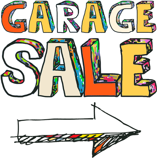 彩色車庫拍賣標誌 壁紙 — 充滿活力的手繪「GARAGE SALE」字樣，帶有彩色馬賽克紋理和指向右邊的塗鴉箭頭。