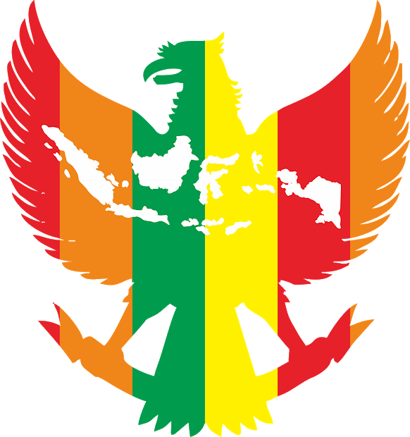 彩色迦樓羅鳥剪影地圖疊加圖 壁紙 — 一隻風格化的金翅鳥，翅膀展開，充滿紅、橙、綠、黃和紅色的垂直條紋，手持白色印尼地圖輪廓。