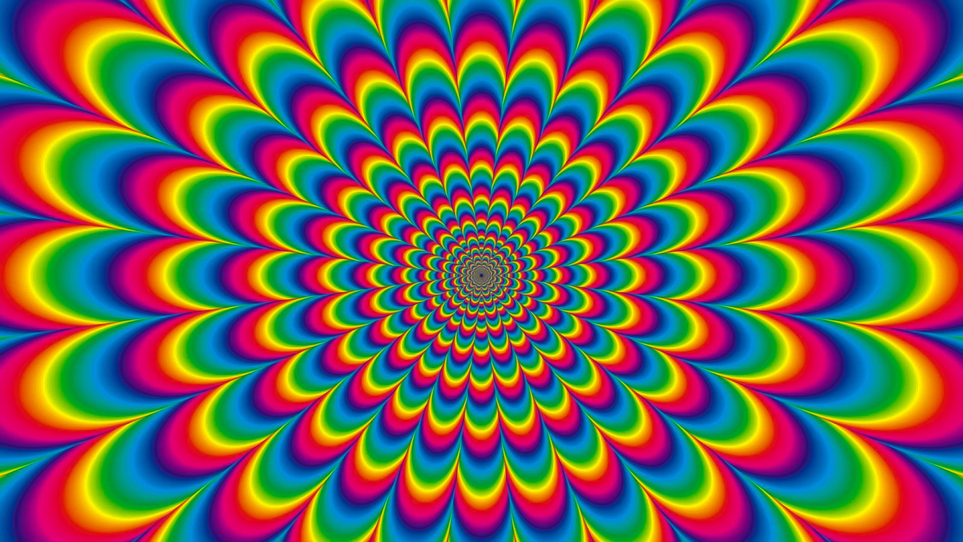 彩色迷幻錯覺 壁紙 — 充滿活力的迷幻螺旋向外輻射，彩虹色調營造出催眠隧道效果。