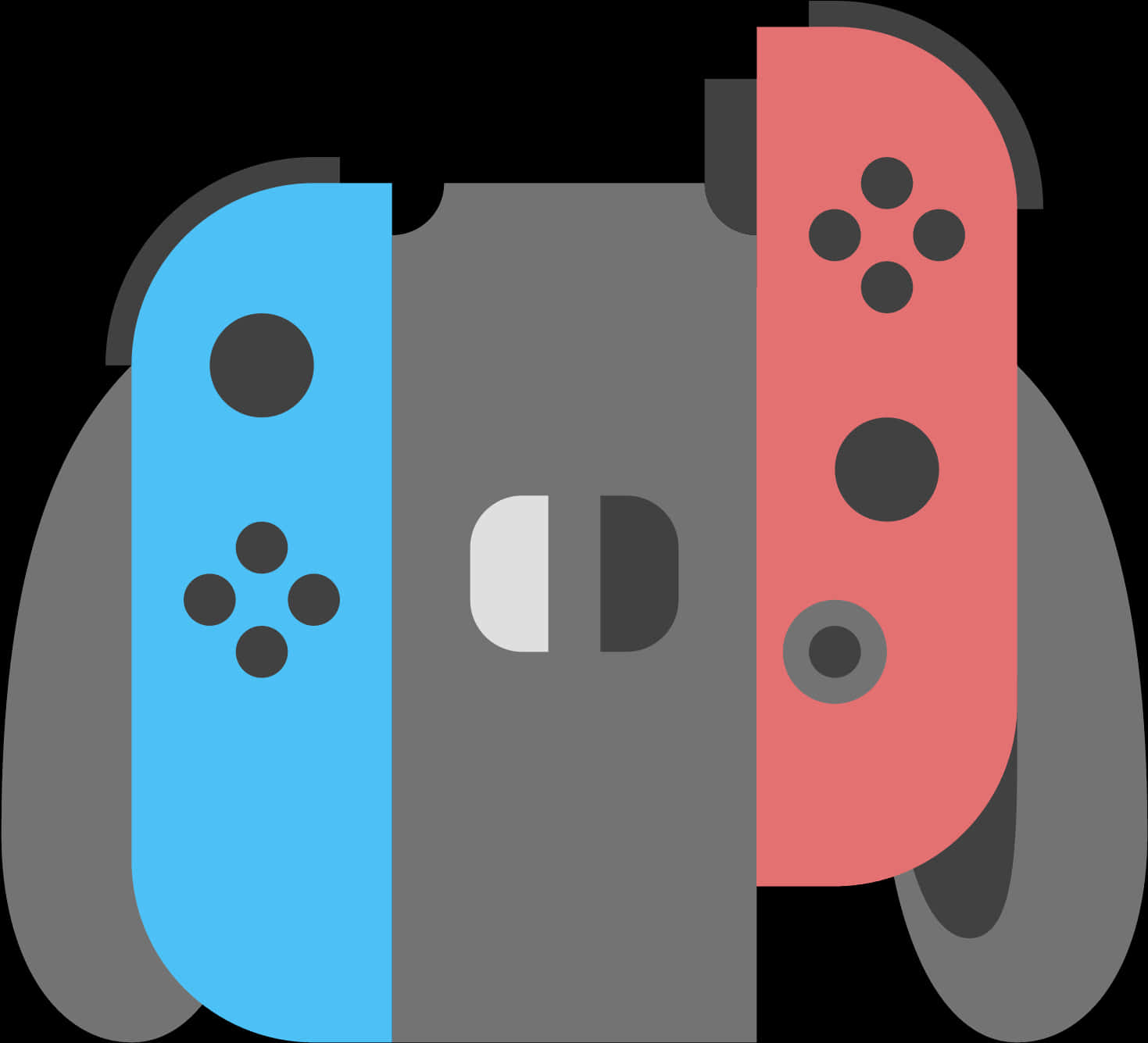 彩色遊戲控制器圖標 壁紙 — 一個風格化的藍紅Nintendo Switch控制器，灰色機身，黑色按鈕，背景為黑色。
