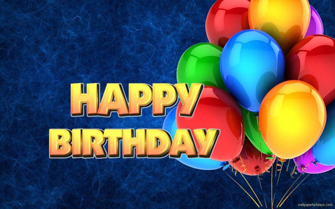在紋理藍色背景上，彩色氣球與HAPPY BIRTHDAY文字。