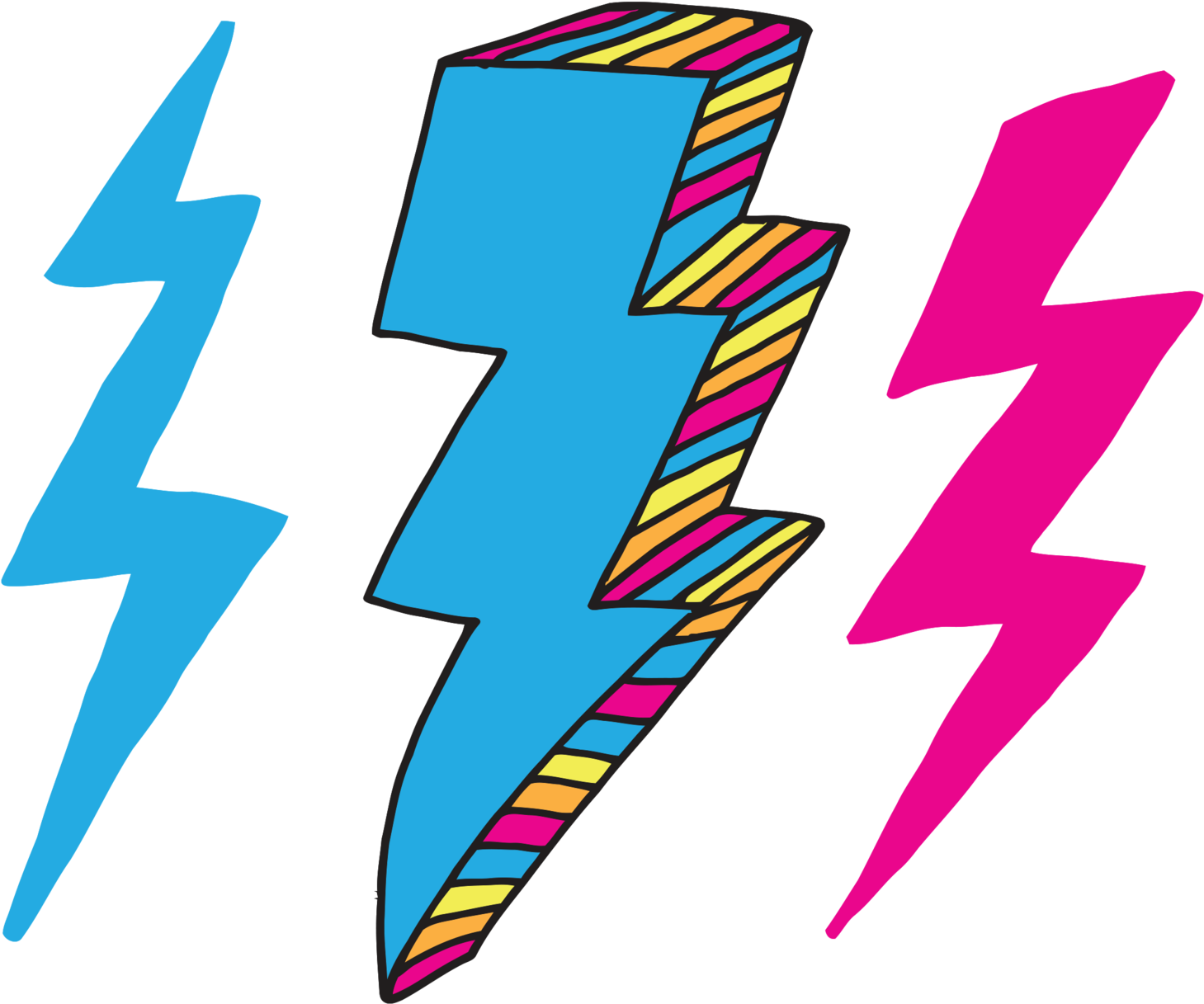 彩色閃電插畫 壁紙 — 三個風格化的閃電，顏色大膽，中央一個帶條紋，背景為黑色。