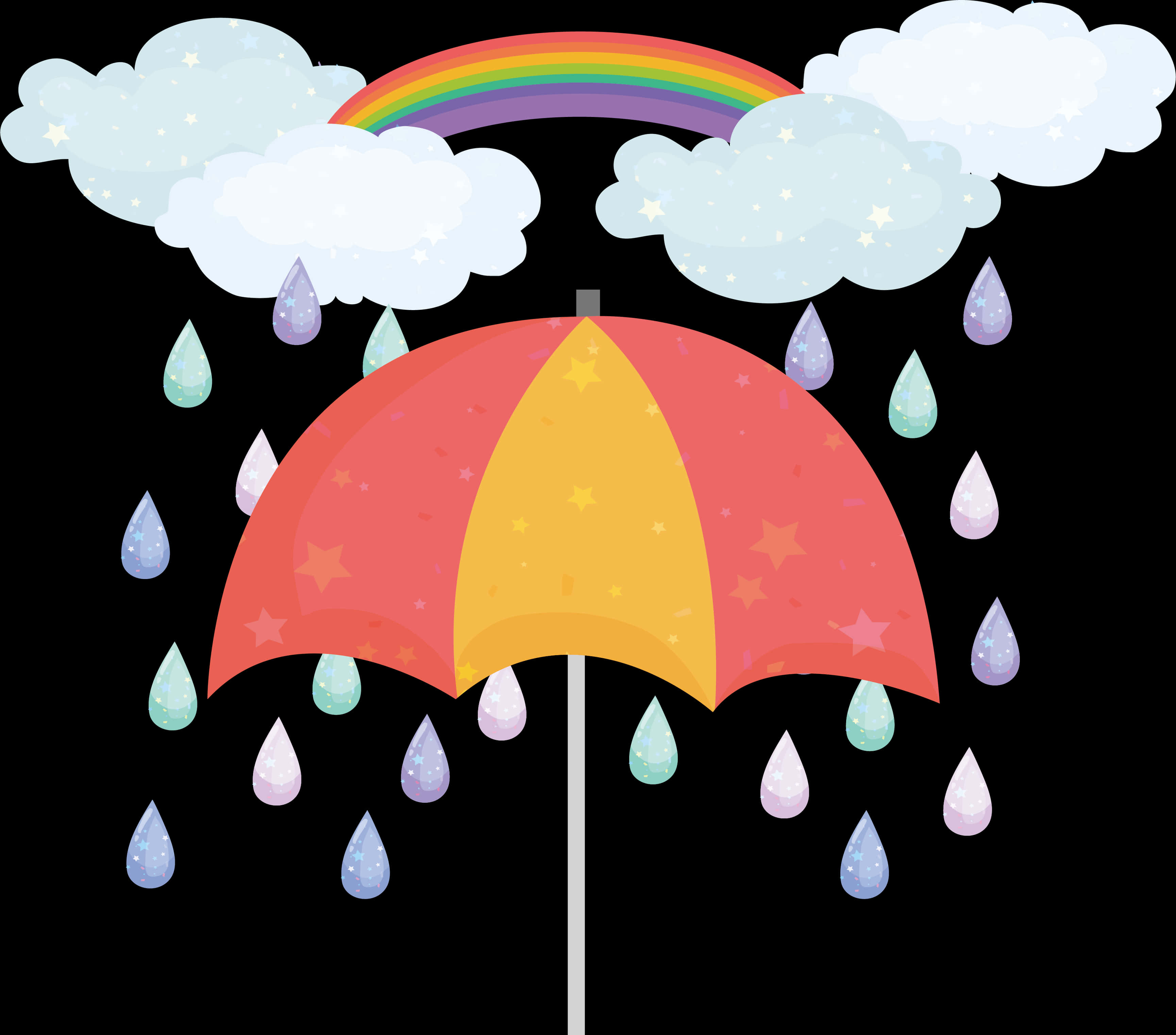 彩色雨傘與彩虹雨滴 壁紙 — 一把帶有星星圖案的彩色雨傘在彩虹下遮雨，雨滴從星空雲層中落在黑色背景上。