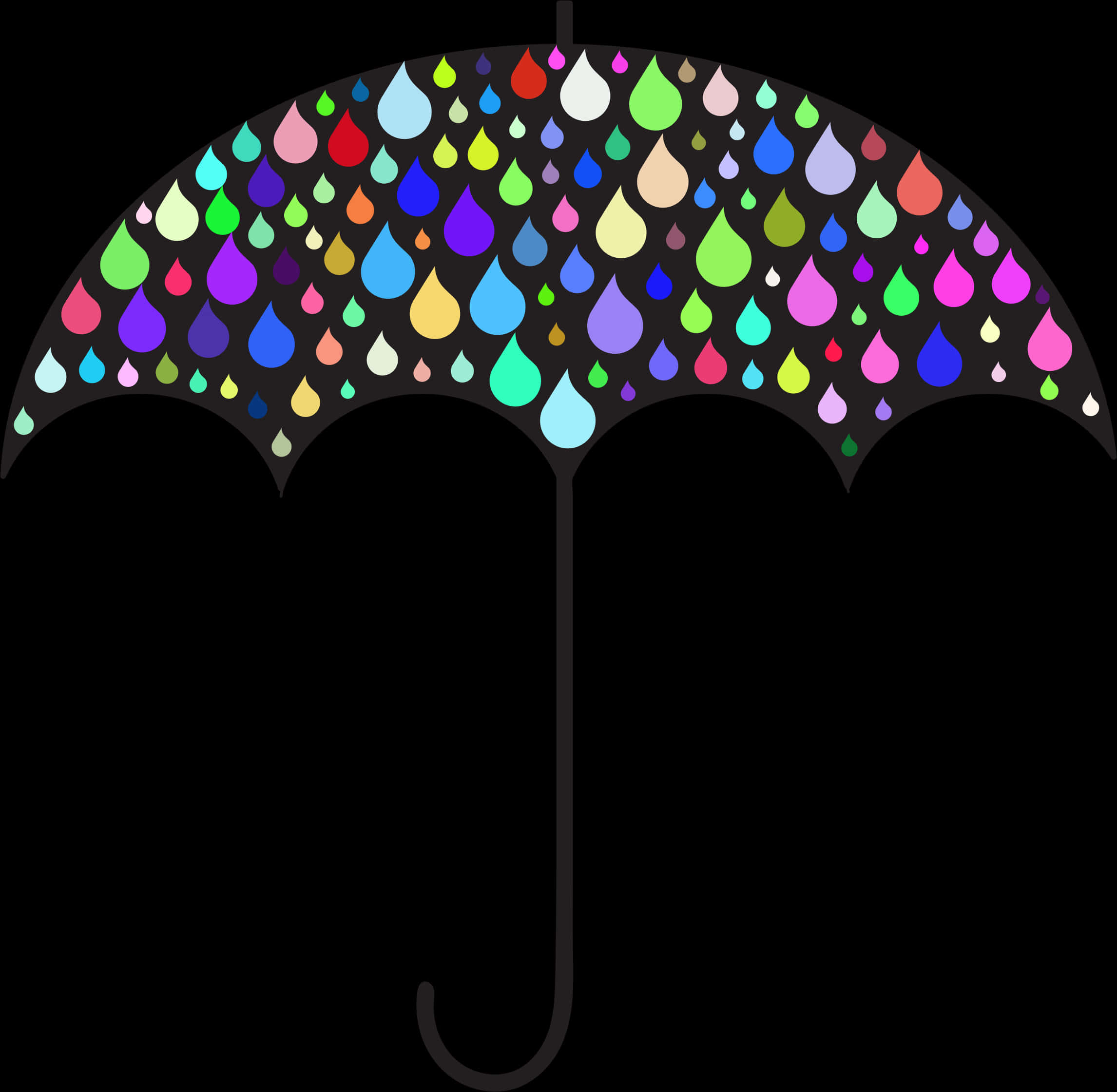彩色雨滴雨傘 壁紙 — 一把黑色雨傘傘面，在純黑背景上點綴著鮮豔多彩的雨滴。