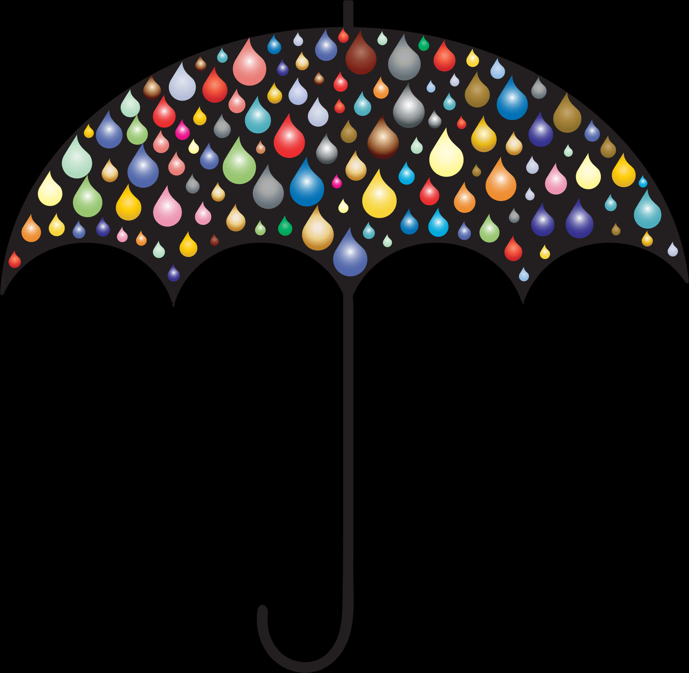 彩色雨滴雨傘 壁紙 — 一把黑色雨傘的傘篷，在純黑背景上點綴著鮮豔多彩的雨滴。
