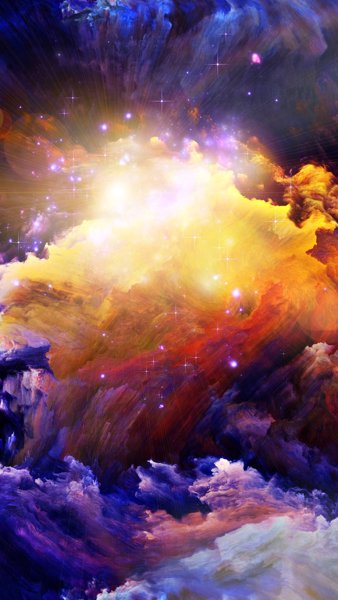 一個色彩繽紛的宇宙星雲，帶有發光的星星和紫色、橙色、藍色的漩渦雲層。