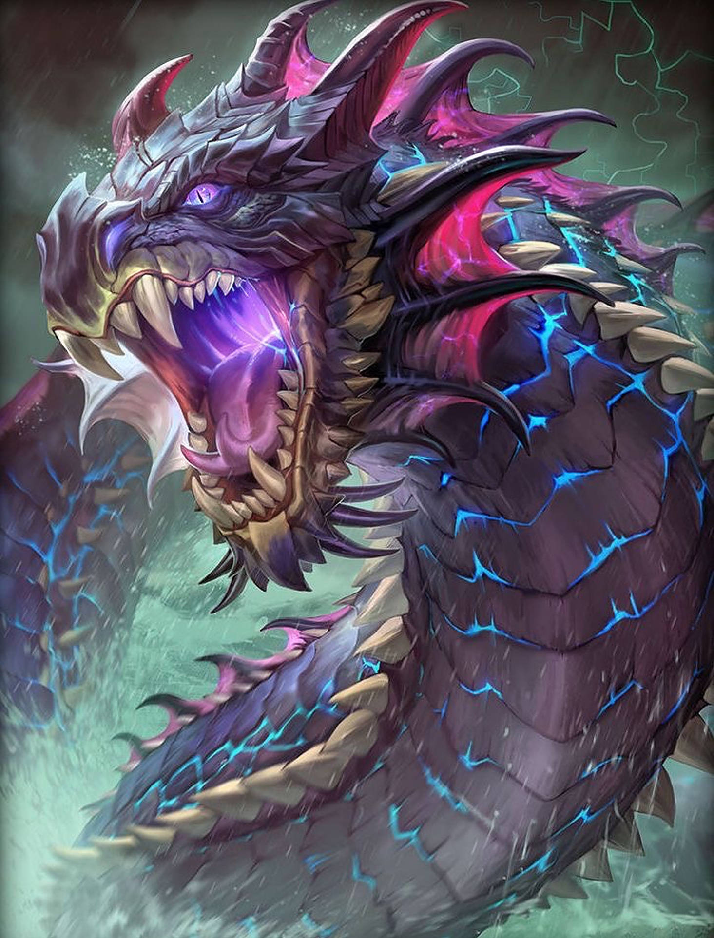 彩色雷電龍 壁紙 — 一隻帶有發光藍色閃電裂縫和鋒利尖角的紫色龍，在暴風雨的綠色背景下兇猛地咆哮。