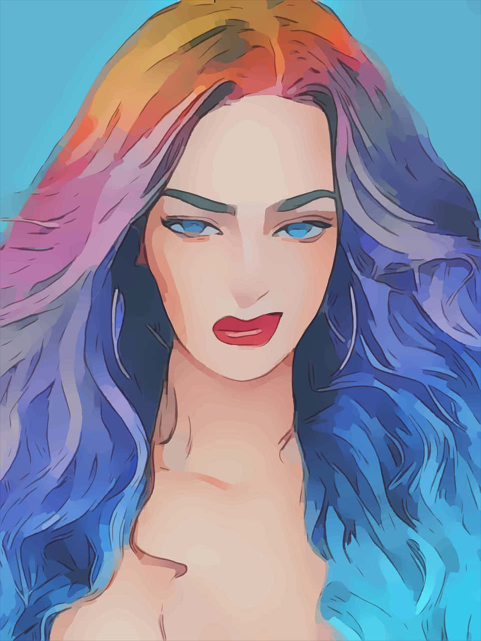 數碼插圖中一位擁有彩虹色頭髮和藍色眼睛的女性。