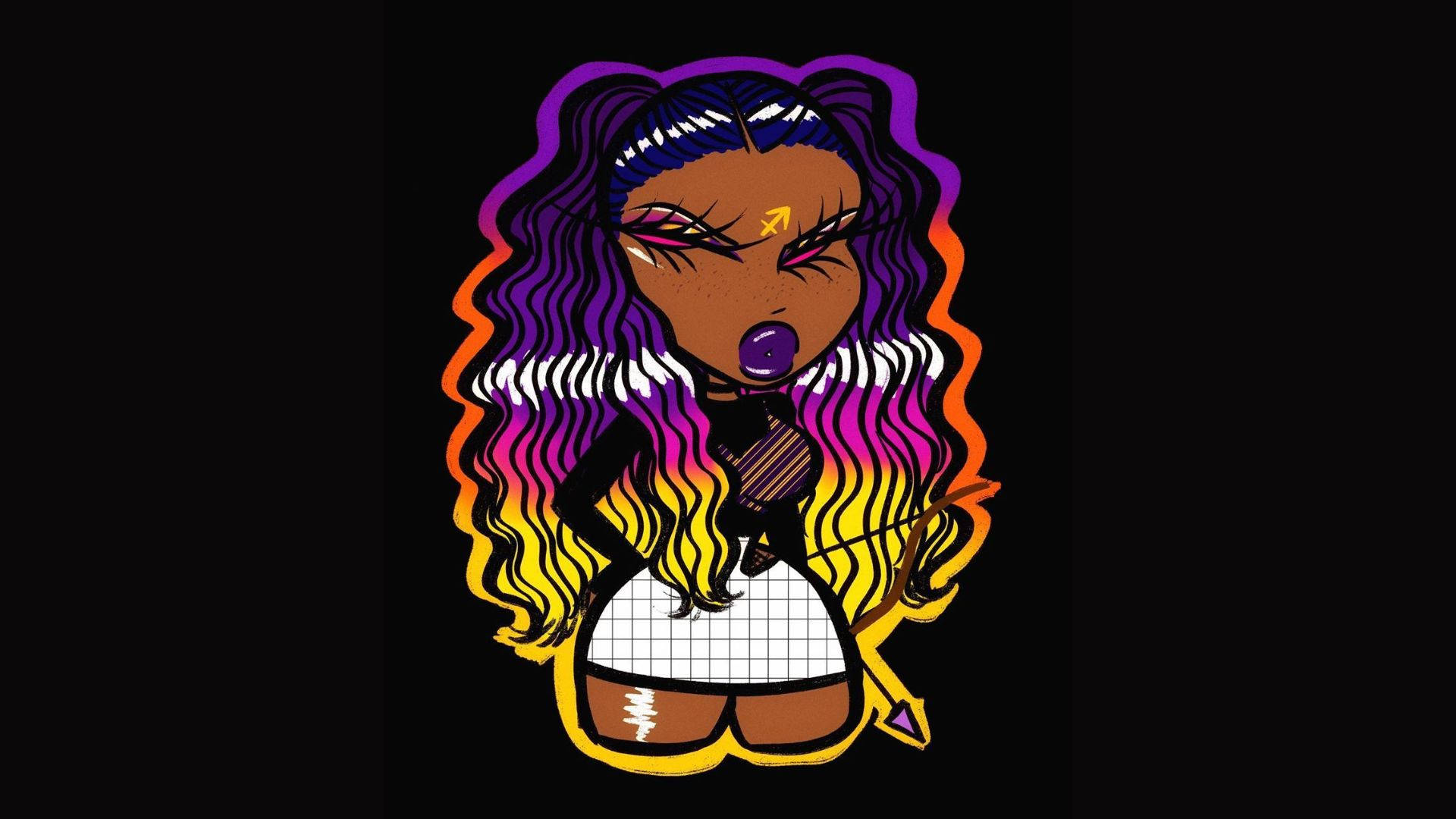 彩色頭髮的Baddie頭像 壁紙 — 一個風格化的卡通女孩，擁有充滿活力的紫色橙色頭髮，在黑色背景下吹泡泡，同時拿著弓箭。