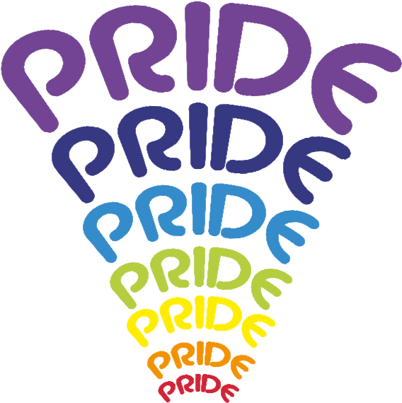 彩色驕傲文字插畫 壁紙 — 「pride」一詞以彩虹漸變重複，形成一個向下的三角形，背景為黑色。