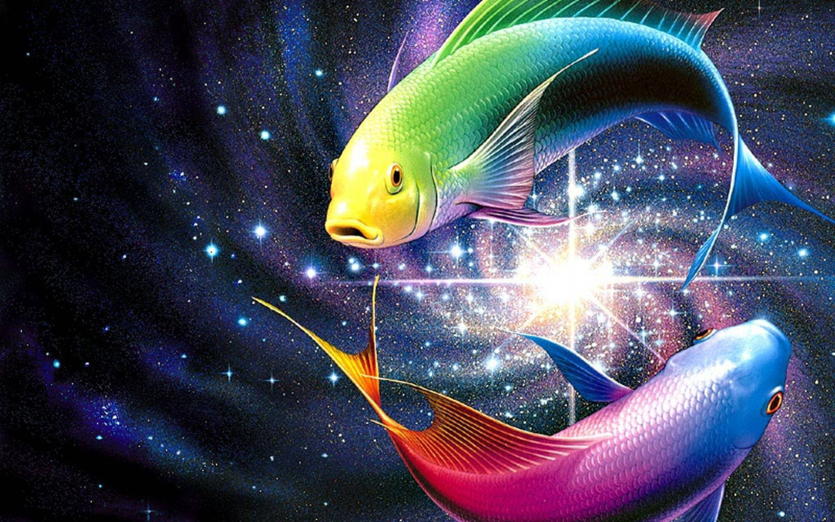 彩色魚形雙魚座符號 壁紙 — 兩條彩虹色的魚優雅地游過充滿閃爍星星和光芒四射的宇宙星雲。