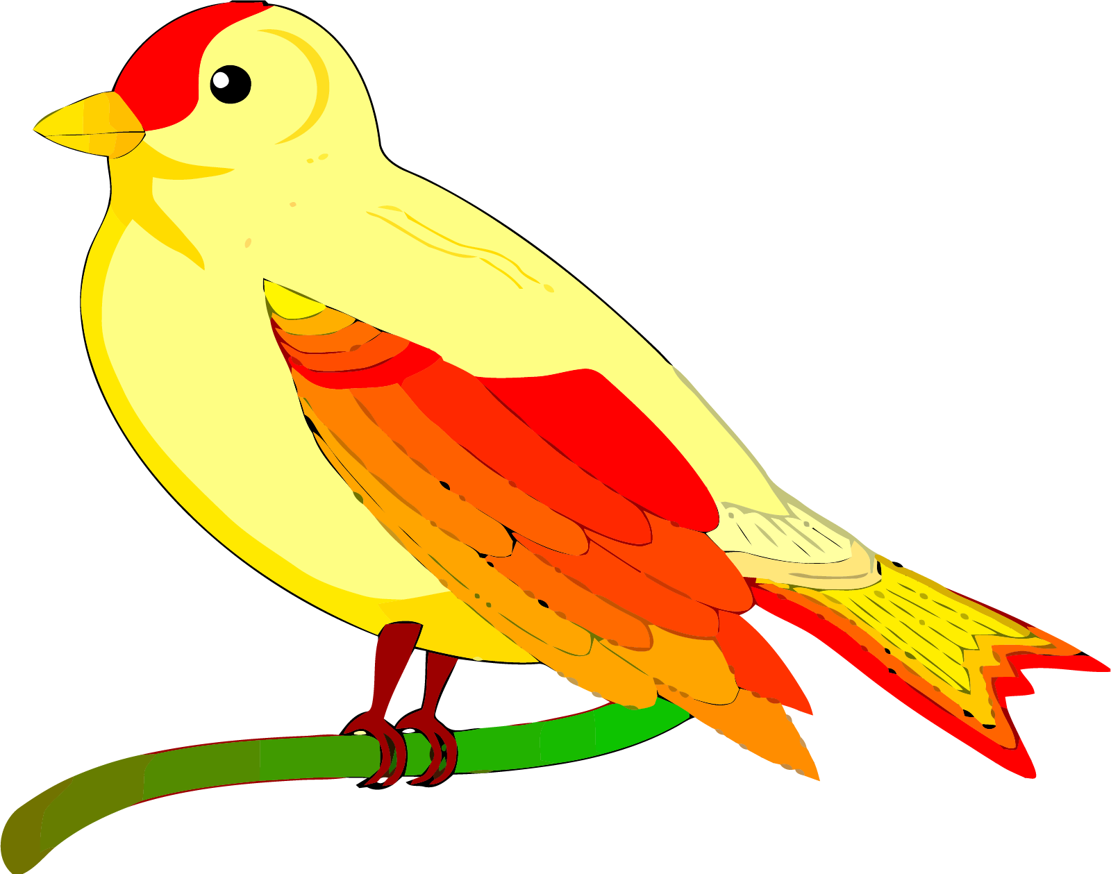 彩色黃鳥插畫 壁紙 — 一隻色彩鮮豔的卡通鳥，黃色身體、紅色頭部和橙色翅膀，棲息在綠色樹枝上。