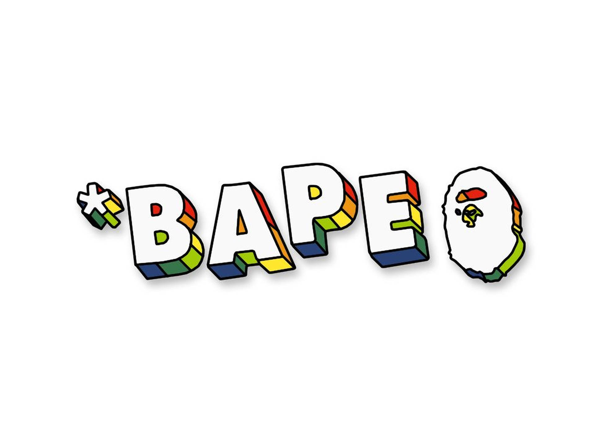 Bape標誌，帶有彩虹色字體和猿頭吉祥物，白色背景。