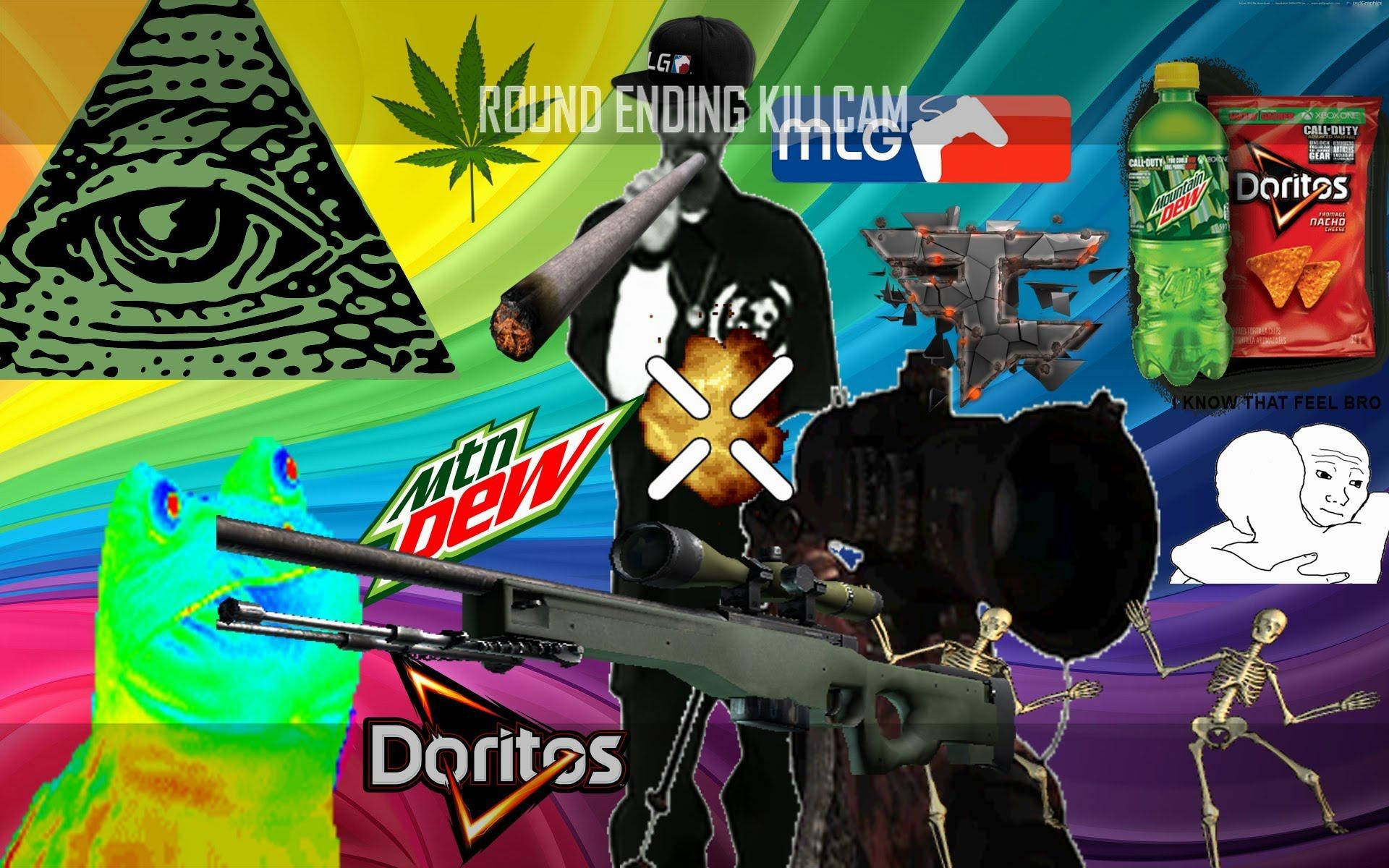 彩虹 Illuminati 迷因 MLG 壁紙 — 一個混亂的拼貼畫，包含遊戲迷因、零食和符號，背景為彩虹漸變色。
