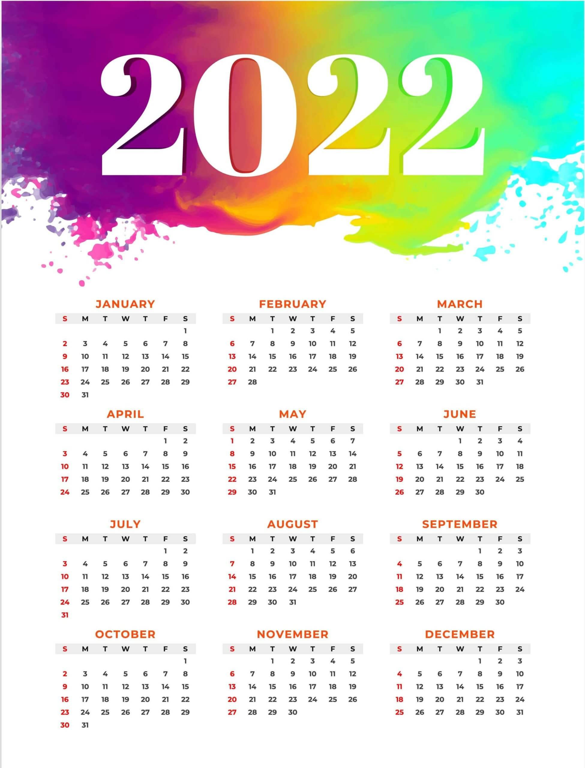 彩虹2022年曆 壁紙 — 充滿活力的2022年月曆，以粗體白色數字搭配色彩繽紛的水彩潑濺背景。