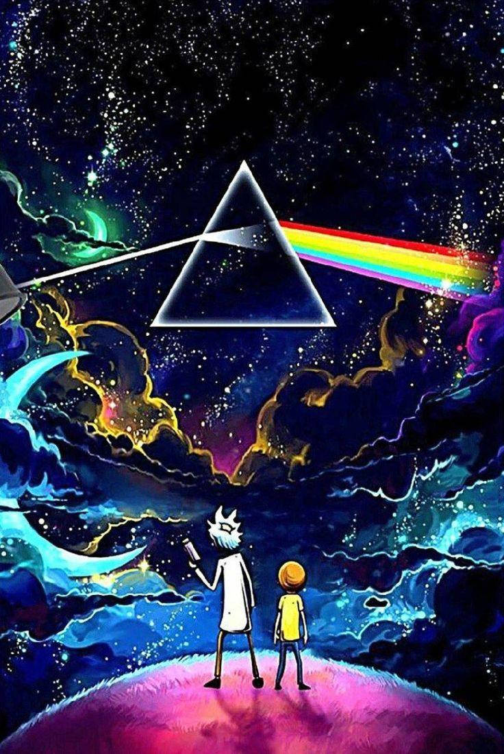 瑞克和莫蒂抬頭看著一個在太空中創造彩虹的棱鏡。