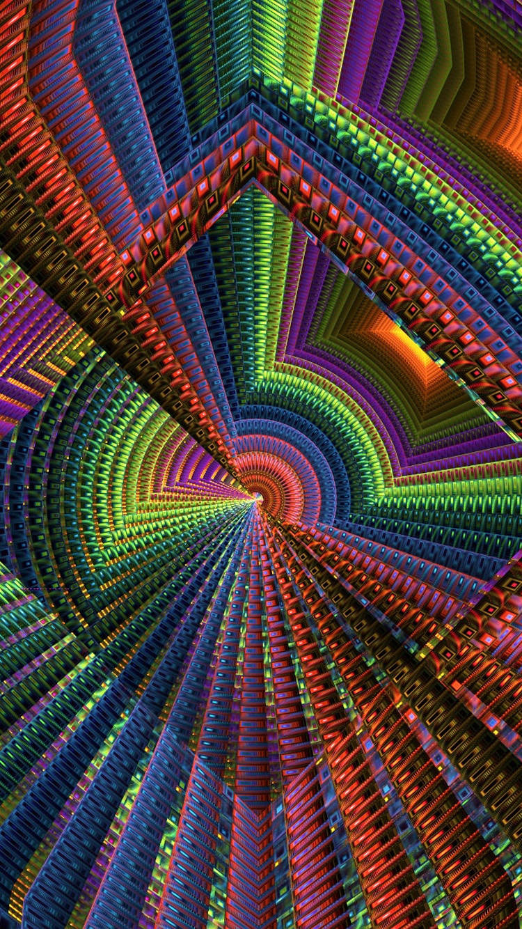 鮮豔的霓虹幾何隧道，帶有分形圖案向內螺旋。