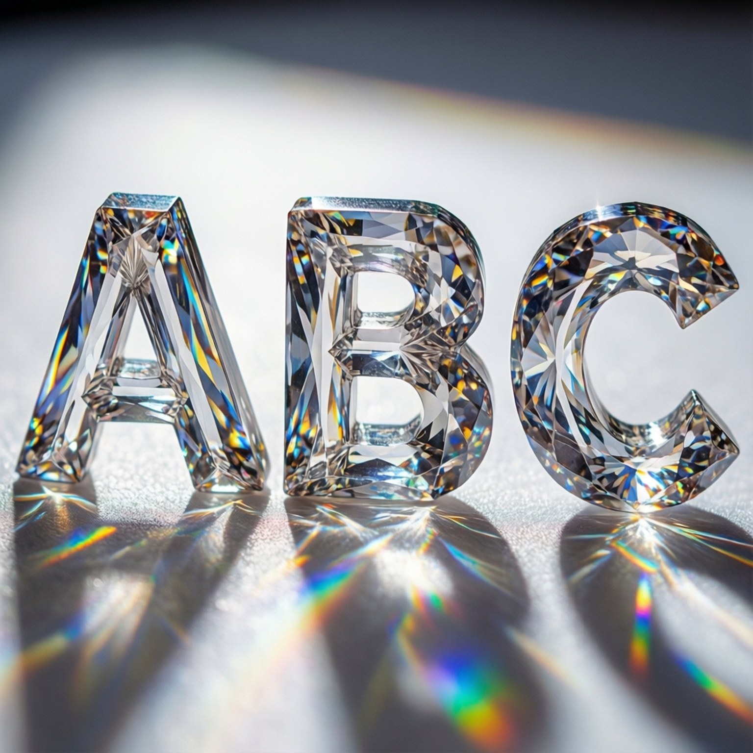 三個閃閃發光的鑽石字母 ABC 在光滑表面上投射出彩虹反射。