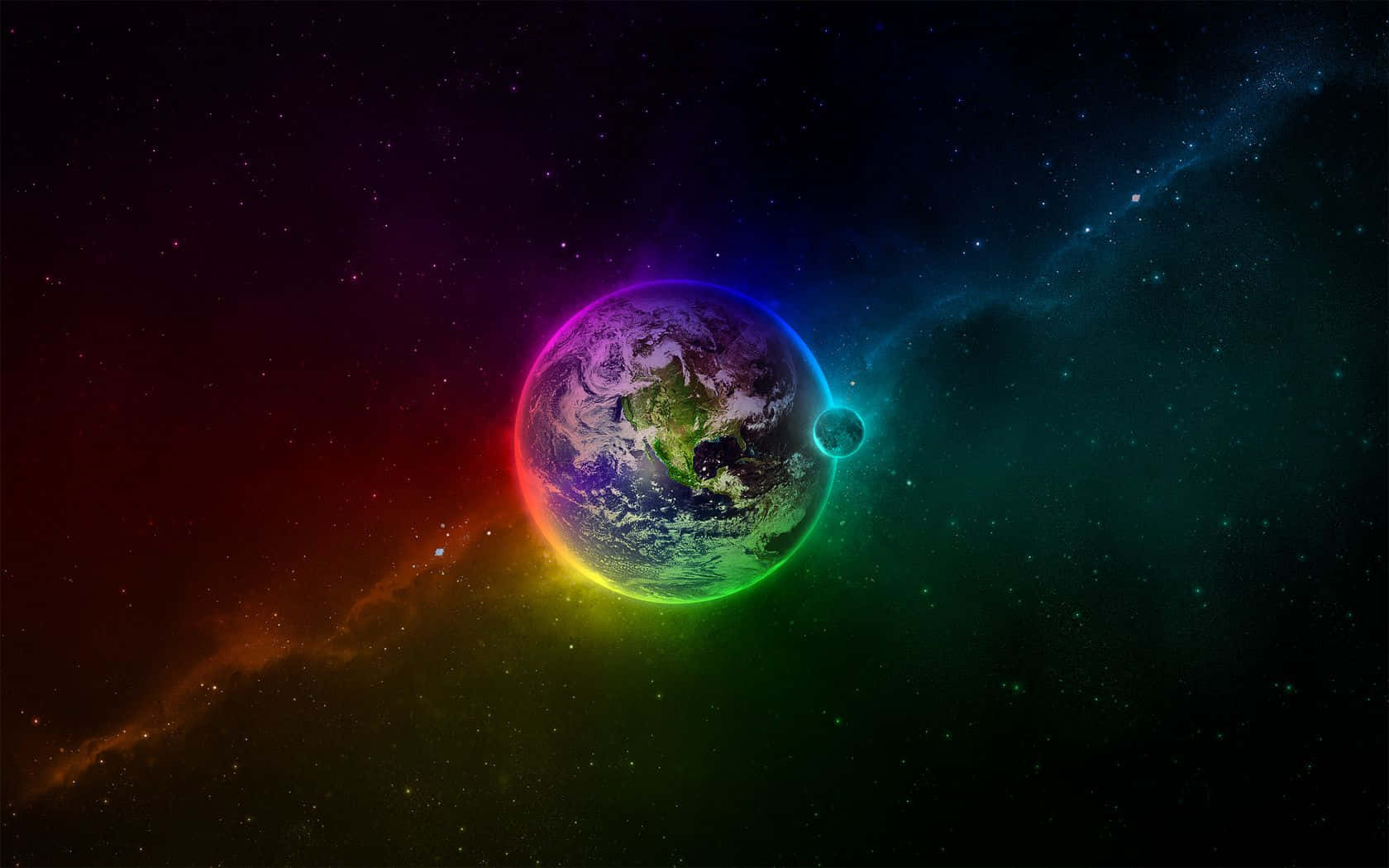 彩虹光環地球風景背景 壁紙 — 一道充滿活力的彩虹光環圍繞著地球，它漂浮在繁星點點的宇宙中，周圍是色彩繽紛的星雲。
