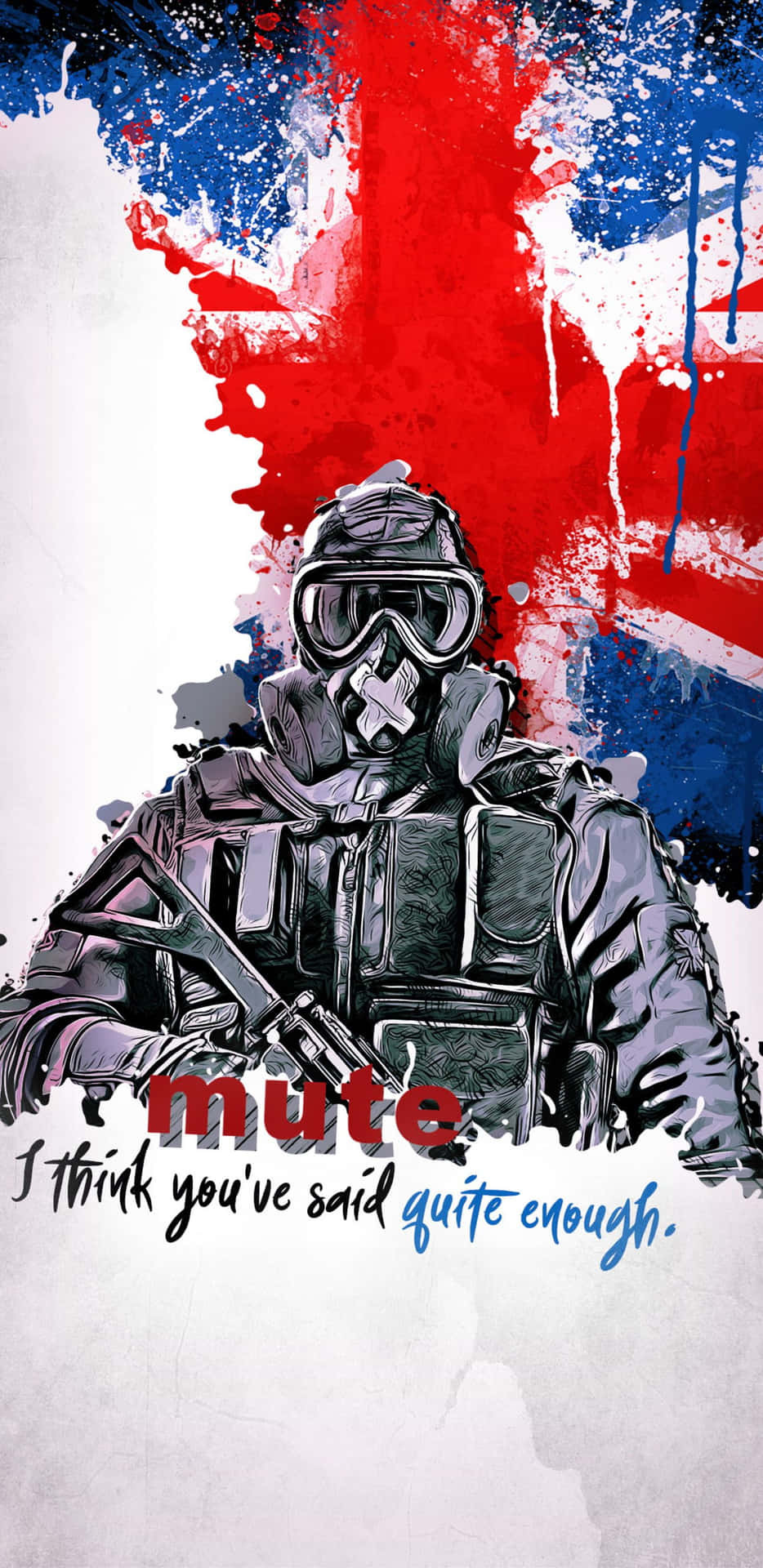 一名身穿裝備的士兵，在油漆潑濺背景上持步槍，並帶有「mute」文字。