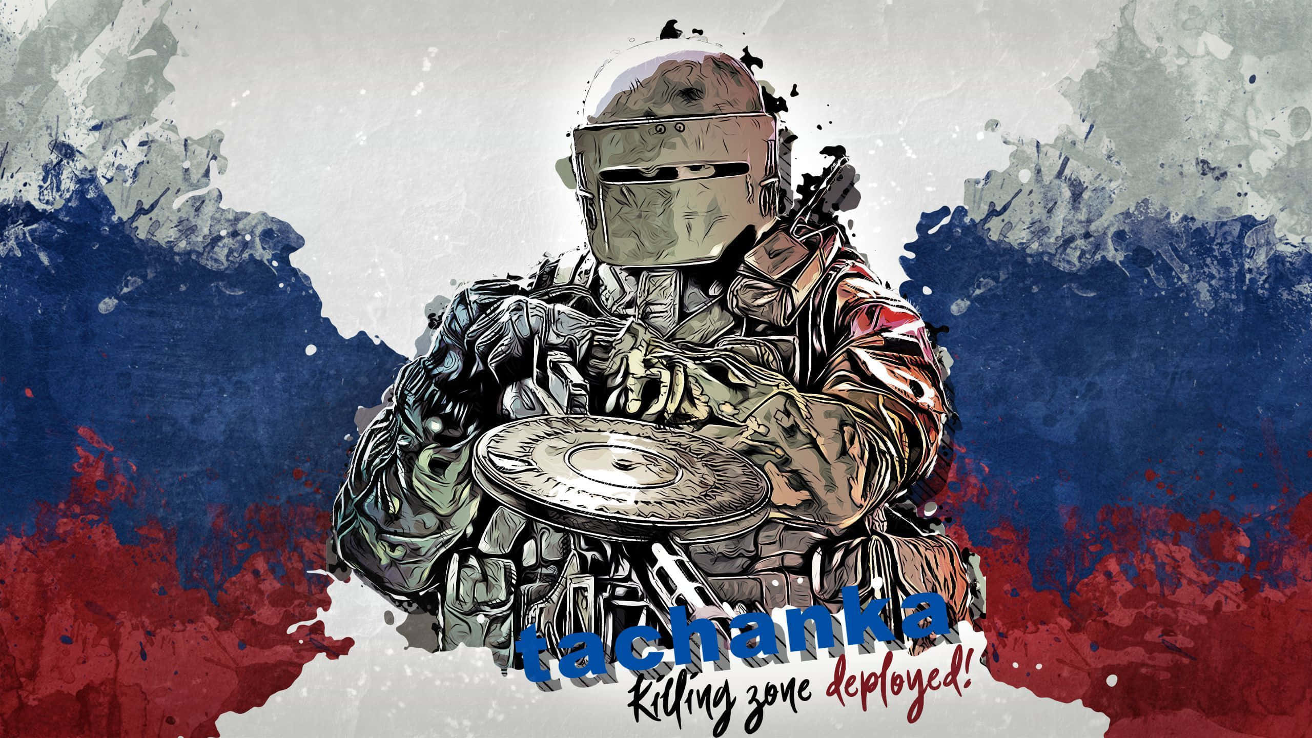 身穿戰鬥裝備的士兵手持武器，背景濺有顏色，文字為 tachanka killing zone deployed。