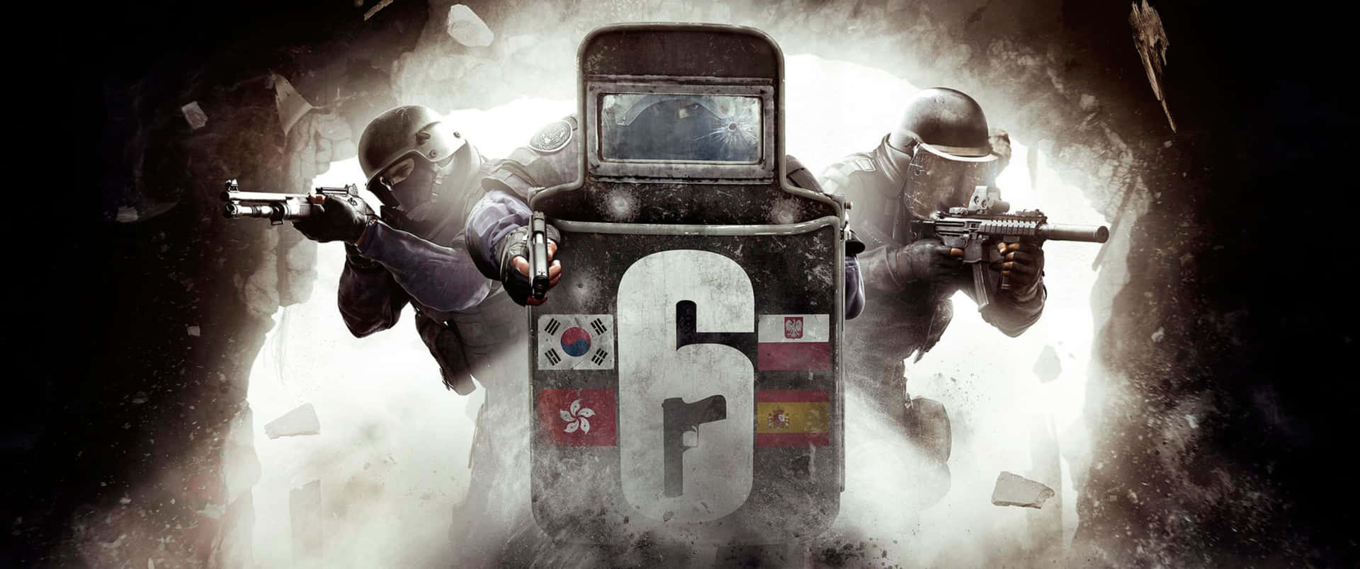 兩名身穿戰術裝備的士兵在隧道爆炸期間護衛著一個帶有數字六和旗幟的盾牌。