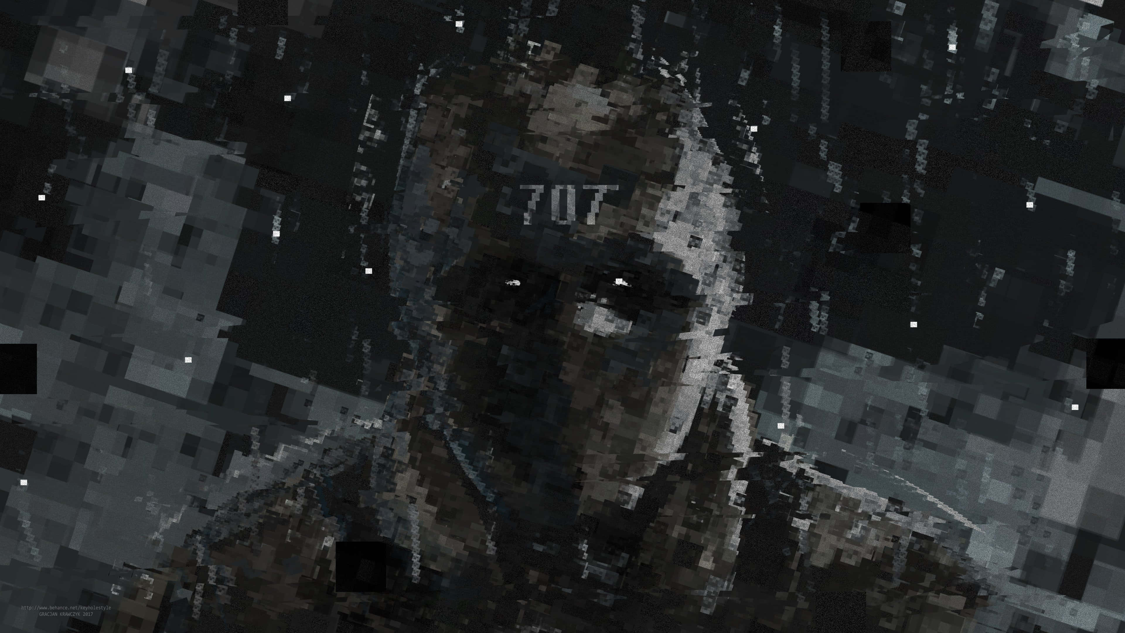 像素化男人，額頭上有數字707，在故障風格的數碼藝術中。