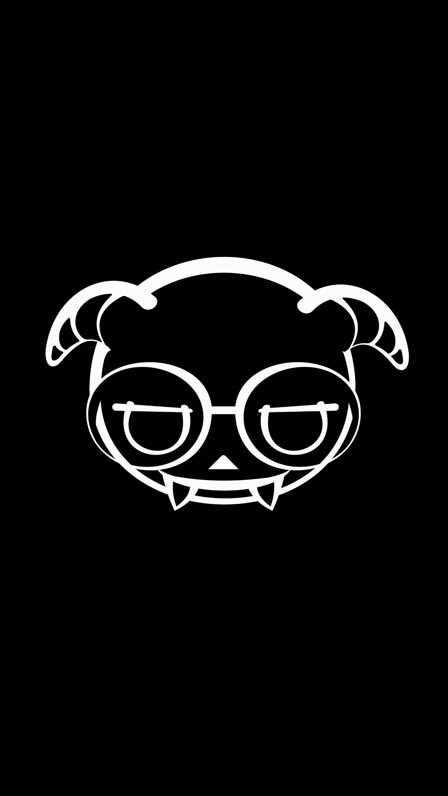 《彩虹六號：圍攻行動》多卡比角色圖標白色線條簡約版 壁紙 — 黑色背景上戴眼鏡和角的可愛卡通惡魔的極簡白色線條畫。