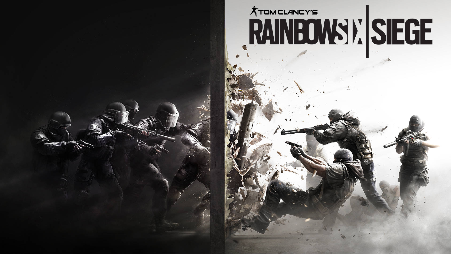 身穿戰術裝備的士兵在《Rainbow Six Siege》的高對比動作場景中突破牆壁。