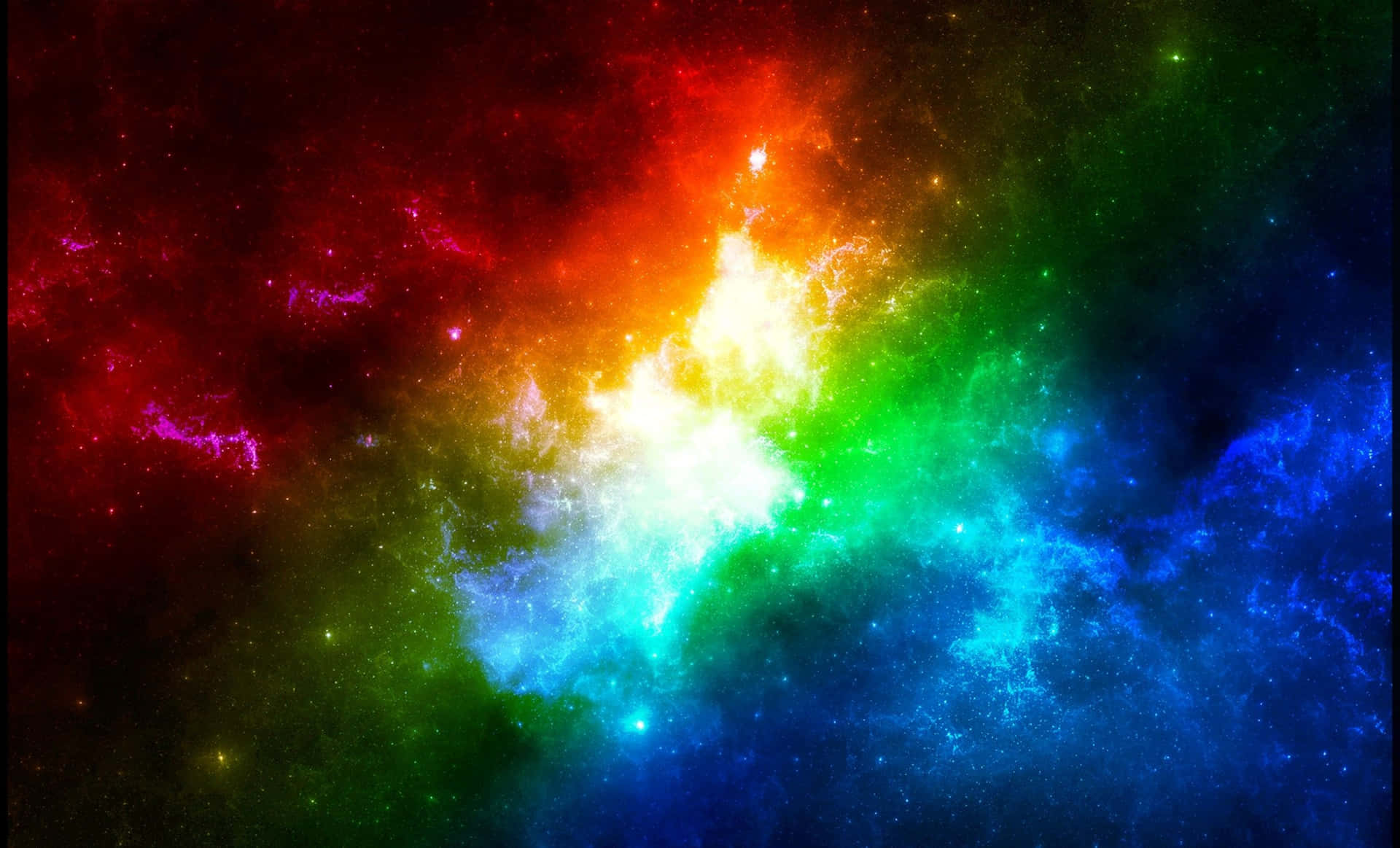 一個色彩繽紛的星雲，在深空中有紅色、橙色、黃色、綠色、藍色和紫色的雲。
