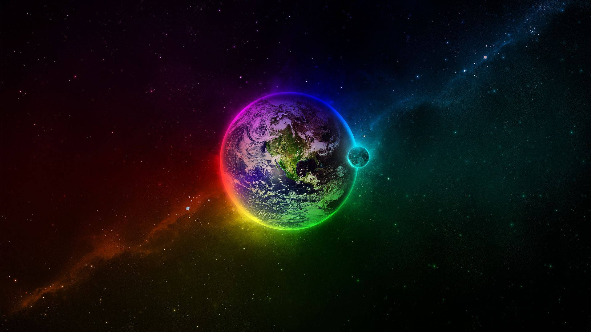 地球在繁星點點的太空場景中散發著彩虹光芒，旁邊有一顆小月亮。