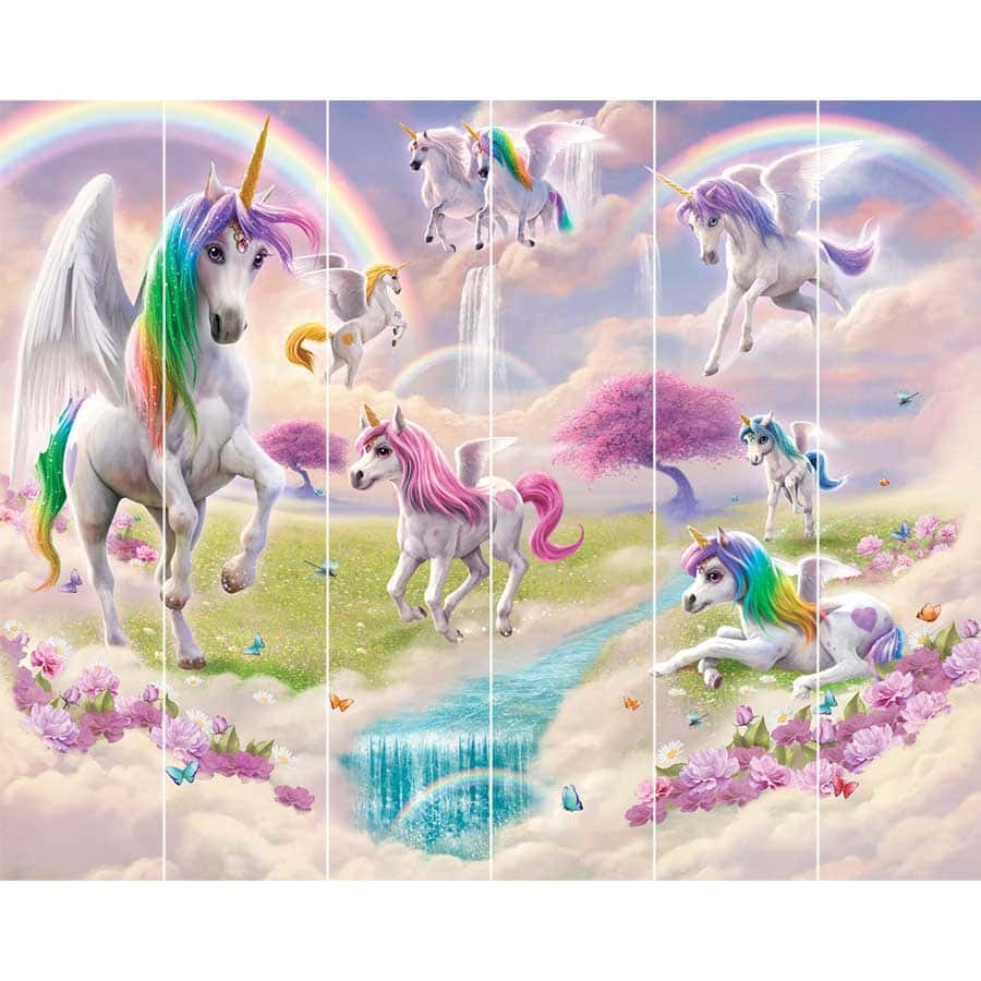 有翼獨角獸帶彩虹鬃毛在魔法天空奔跑飛翔，有瀑布和花朵。