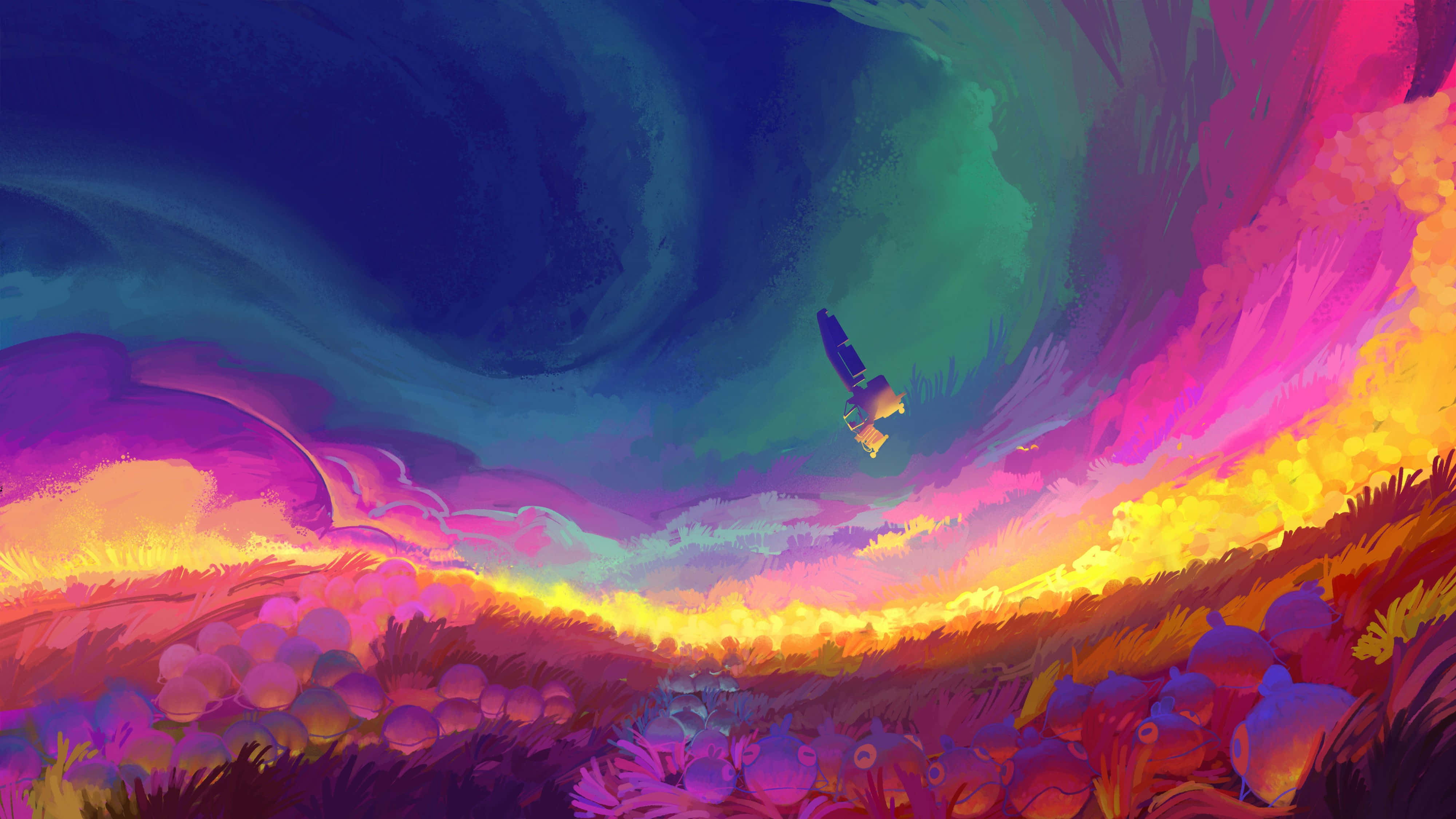 彩虹天空4K畫作 壁紙 — 一枚孤獨的火箭穿過旋轉的宇宙天空，天空塗有鮮豔的紫色、粉紅色和金色，上方是超現實的外星景觀。