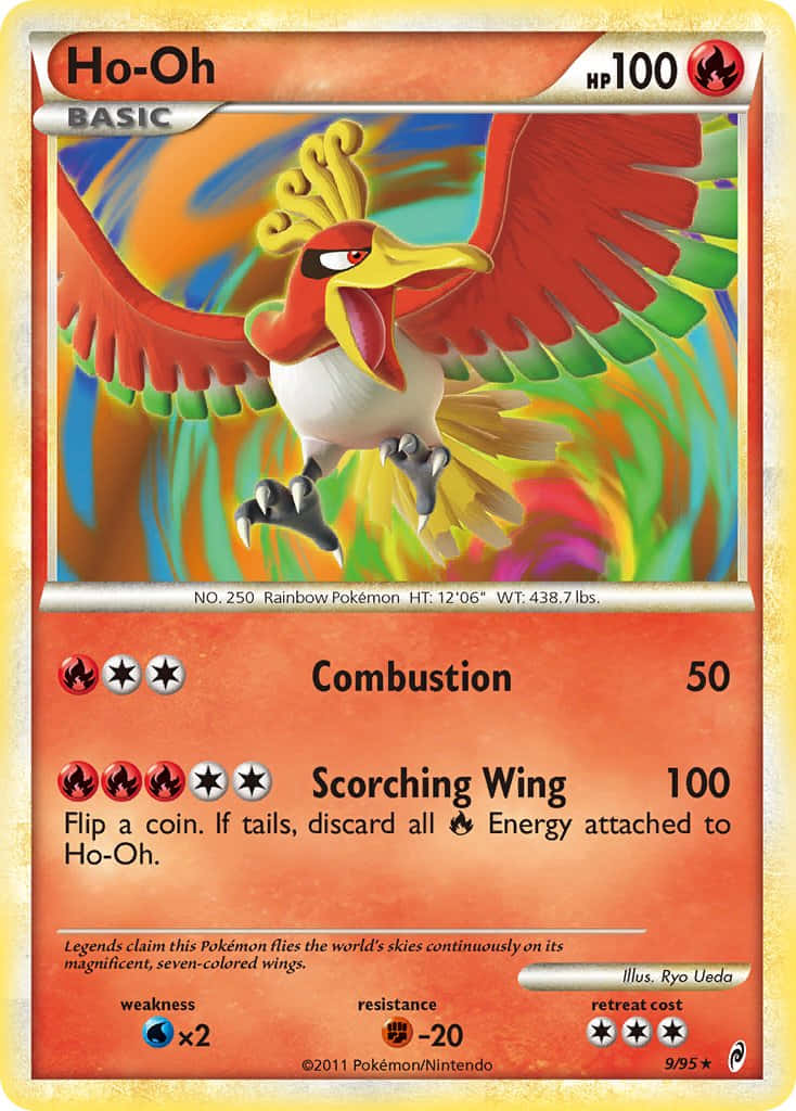 彩虹寶可夢 Ho-Oh 電子卡 壁紙 — 一隻帶有彩虹翅膀的火熱鳳王，在寶可夢卡牌上旋轉的多彩背景中動態翱翔。
