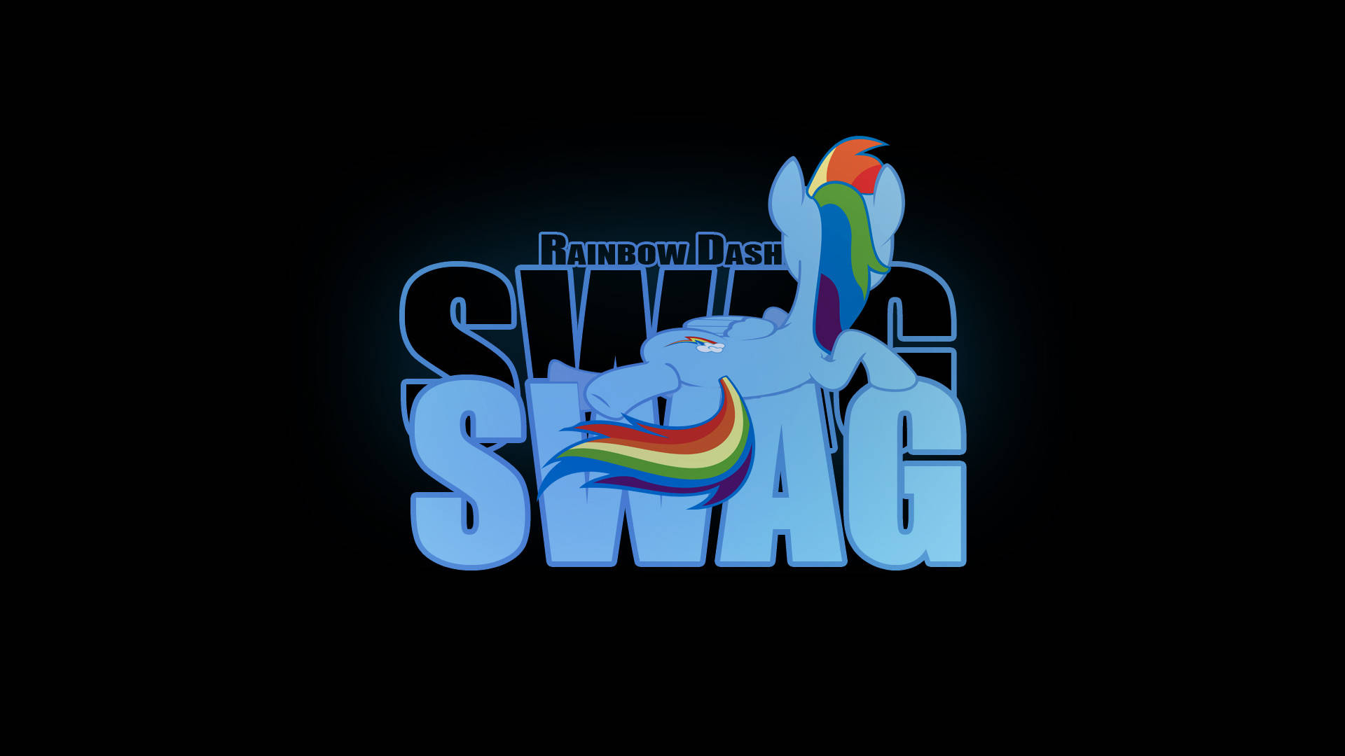 彩虹小馬 Swag 壁紙 — 一隻風格化的藍色小馬，帶有彩虹鬃毛和尾巴，從發光的藍色字母中浮現，這些字母在黑色背景上拼出「SWAG」。