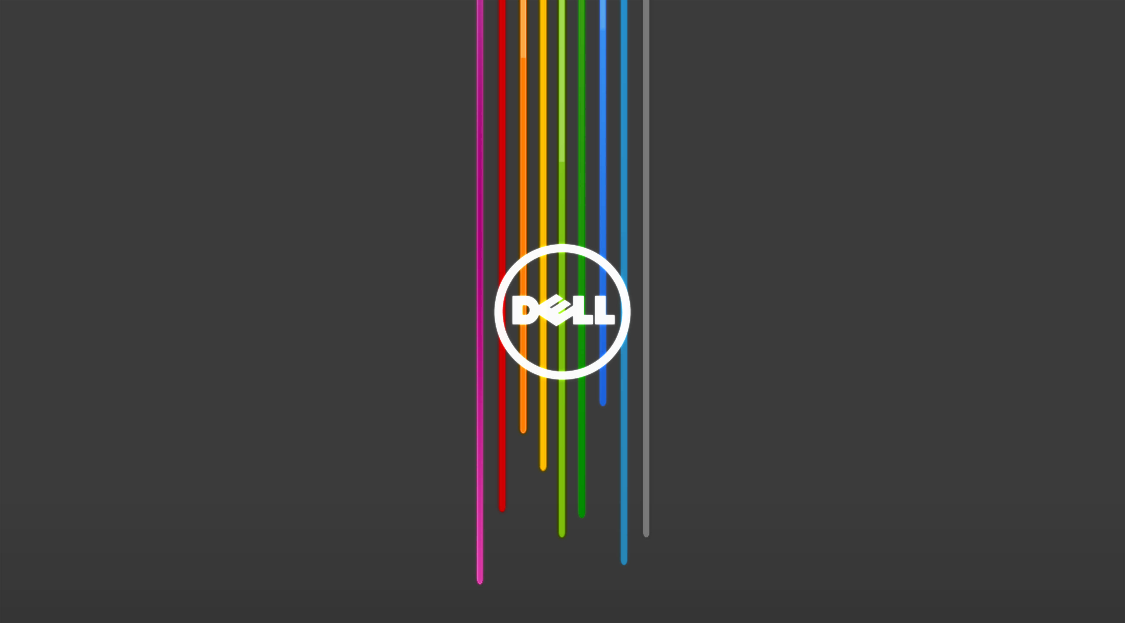 彩虹戴爾 HD 標誌 壁紙 — Dell 標誌居中，帶有鮮豔的垂直彩虹條紋，背景為深灰色。