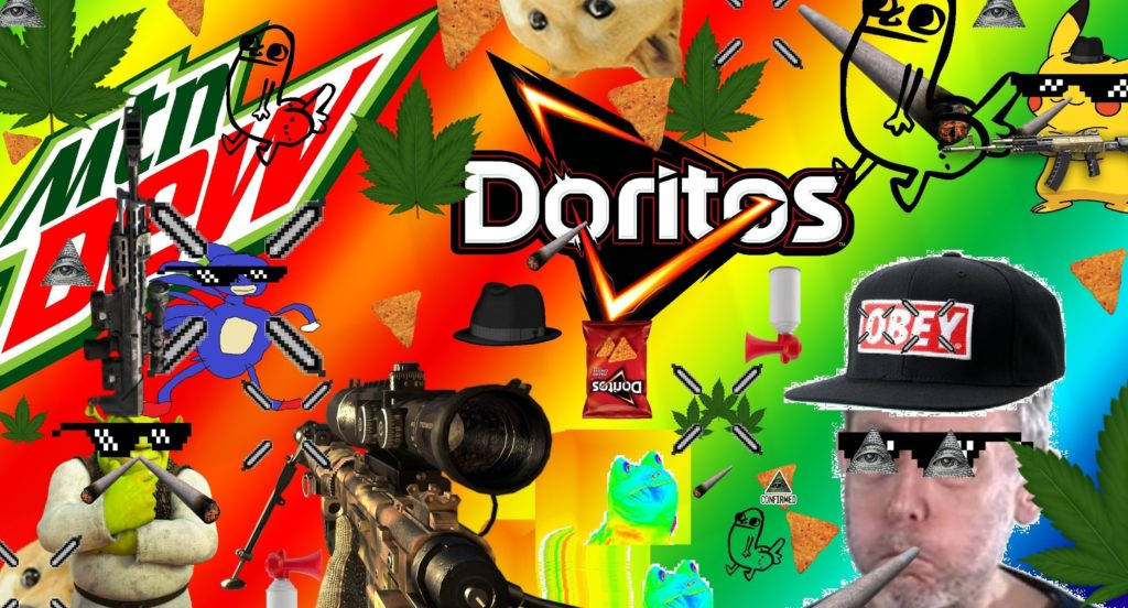彩虹搞笑迷因 MLG 壁紙 — 充滿活力的混亂拼貼畫，將 Doritos 和 Mountain Dew 品牌與卡通人物、槍支和大麻葉混合在一起。