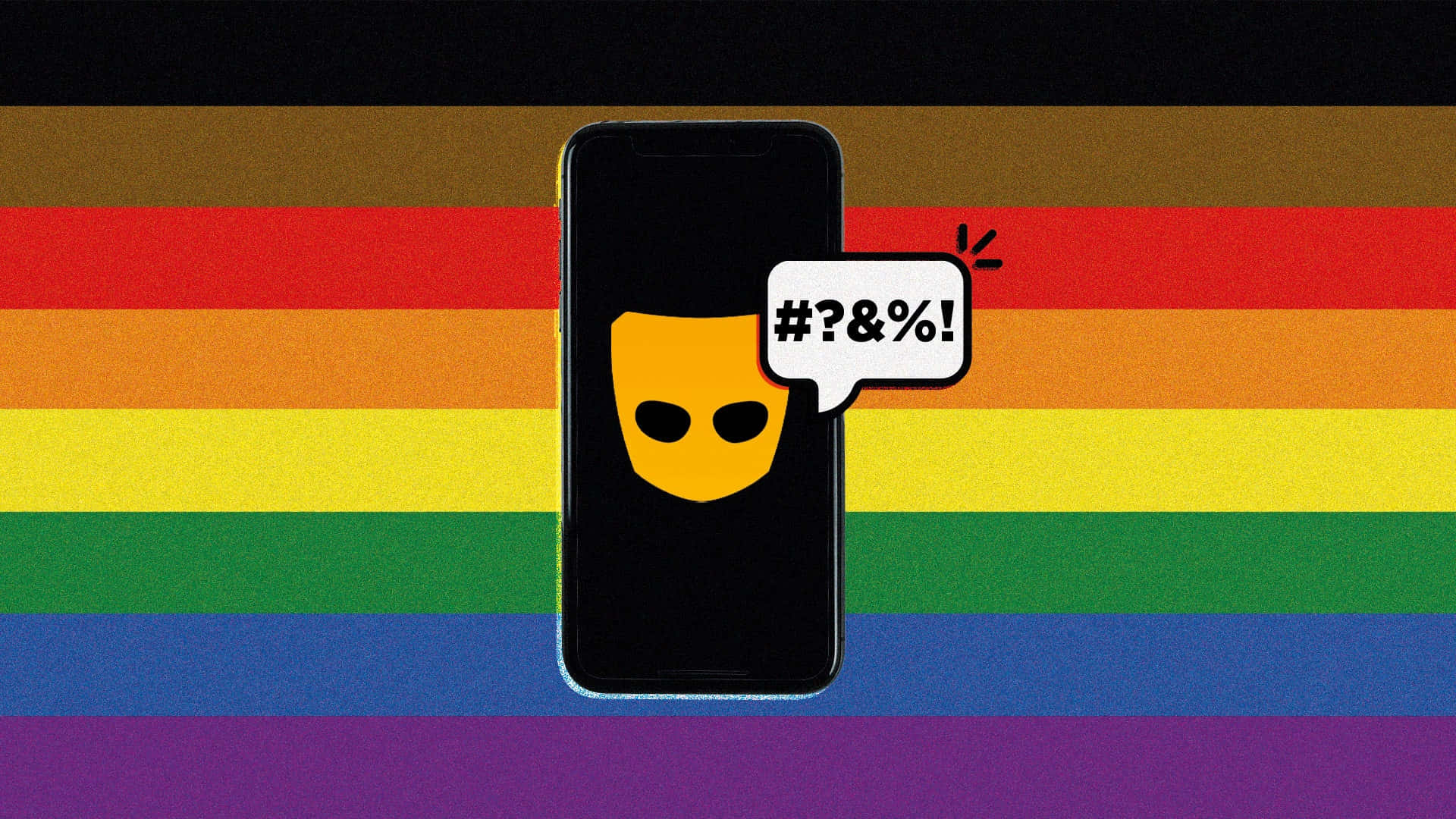 智能手機顯示黃色外星人臉和粗口對話框在彩虹旗上。