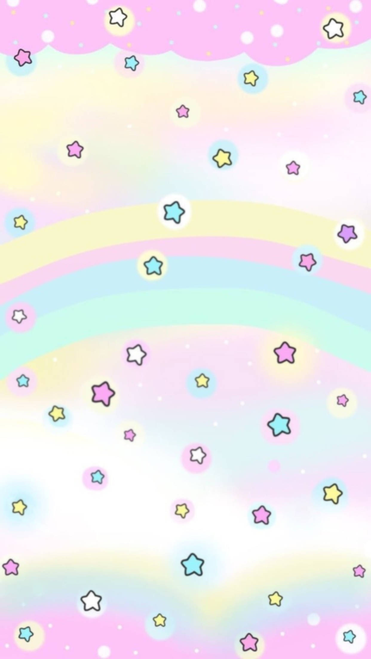 彩虹星星粉彩壁紙 壁紙 — 粉彩彩虹弧橫跨夢幻天空，點綴著色彩繽紛的星星和柔軟的雲朵。