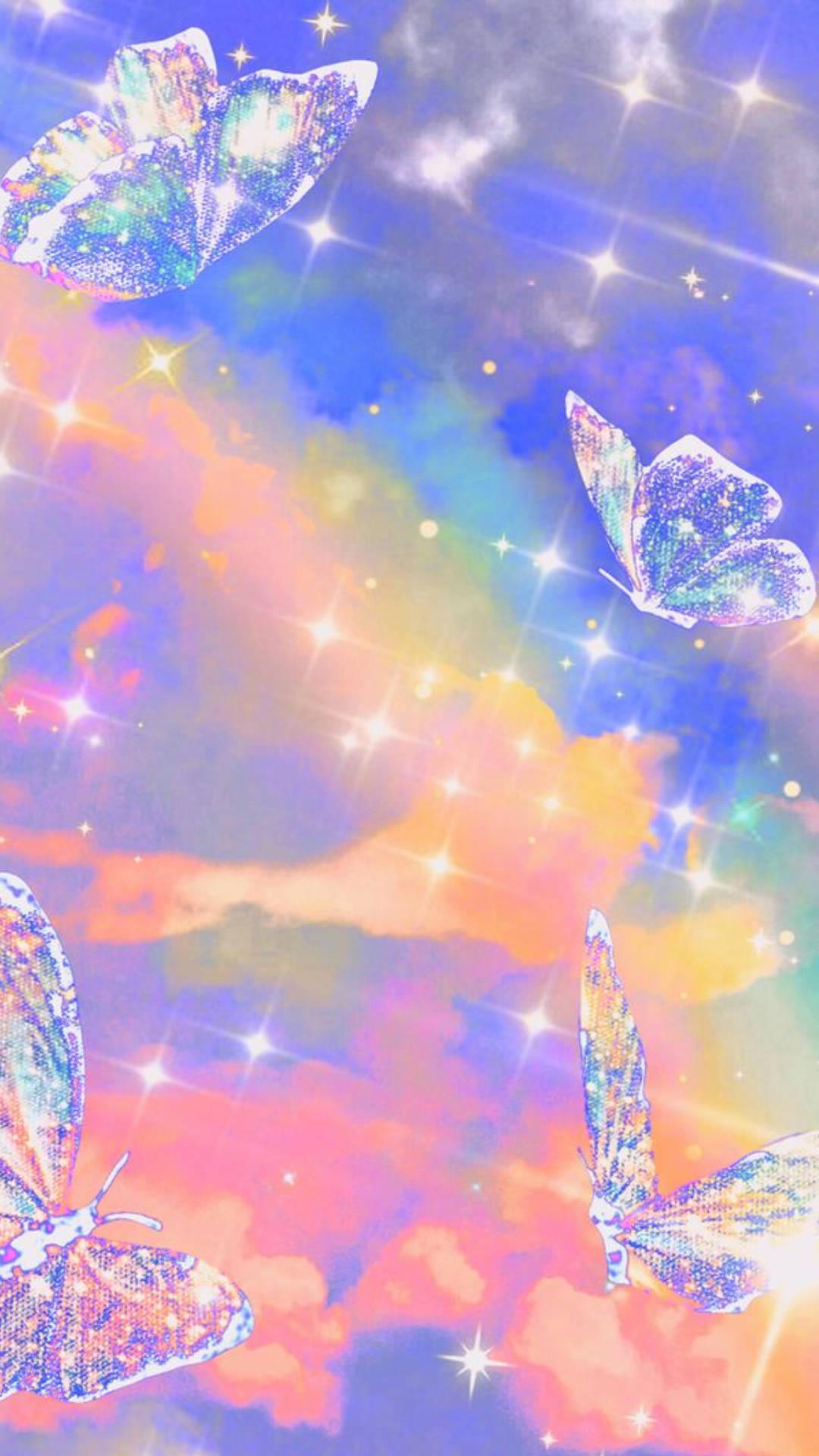 彩虹色蝴蝶在星空下飛翔，伴隨著柔和的雲朵和閃爍的光芒。