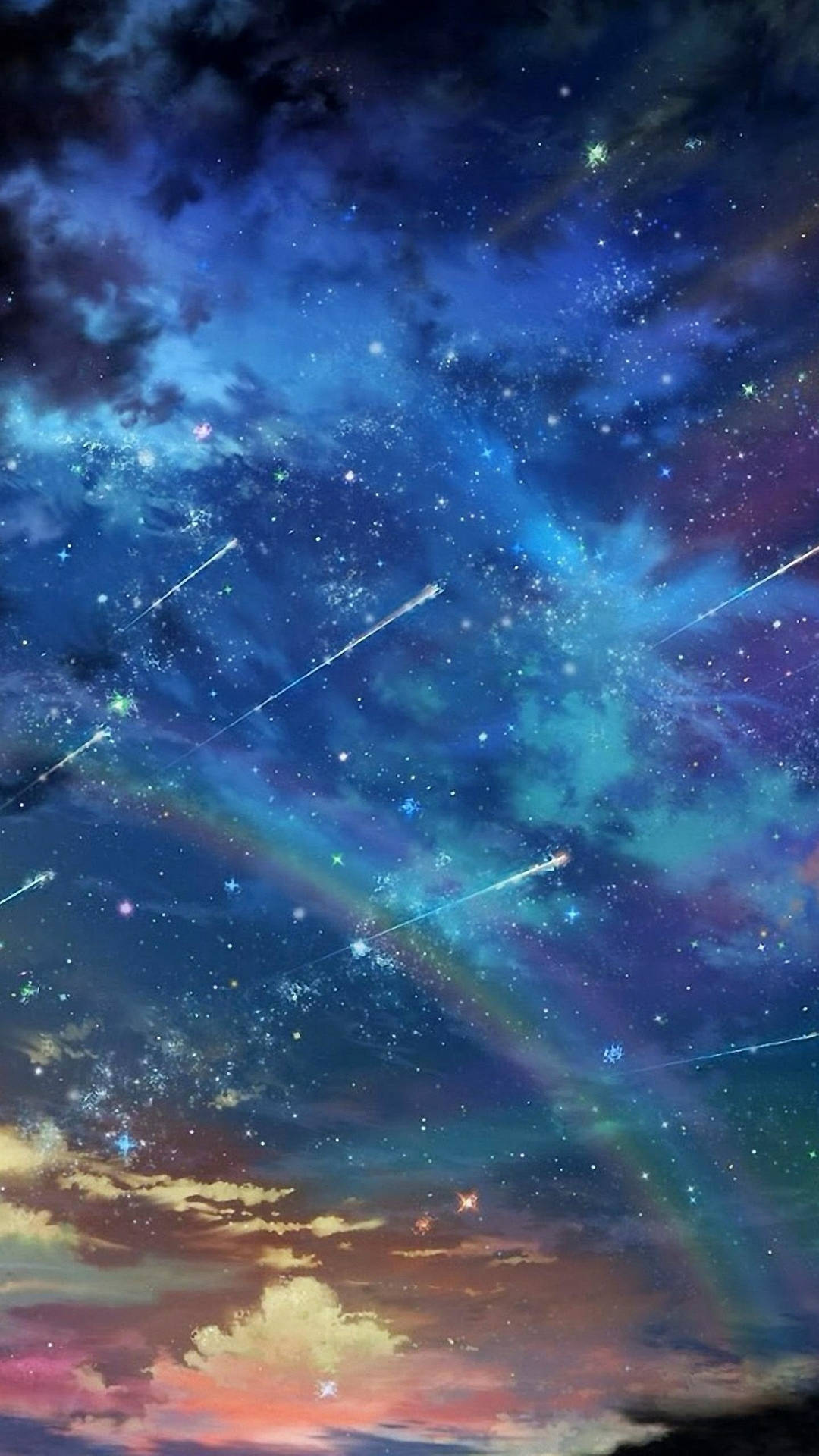 日落雲層上方有流星和彩色星雲的令人驚嘆的動漫風格夜空。