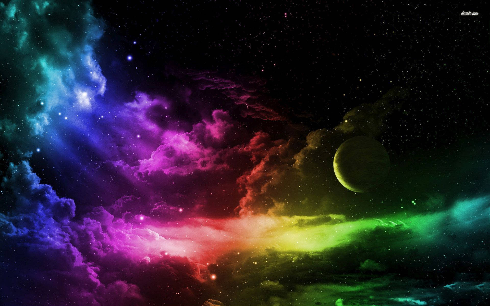 充滿活力的宇宙星雲，帶有旋轉的彩虹雲和一個發光的行星，背景是星空。