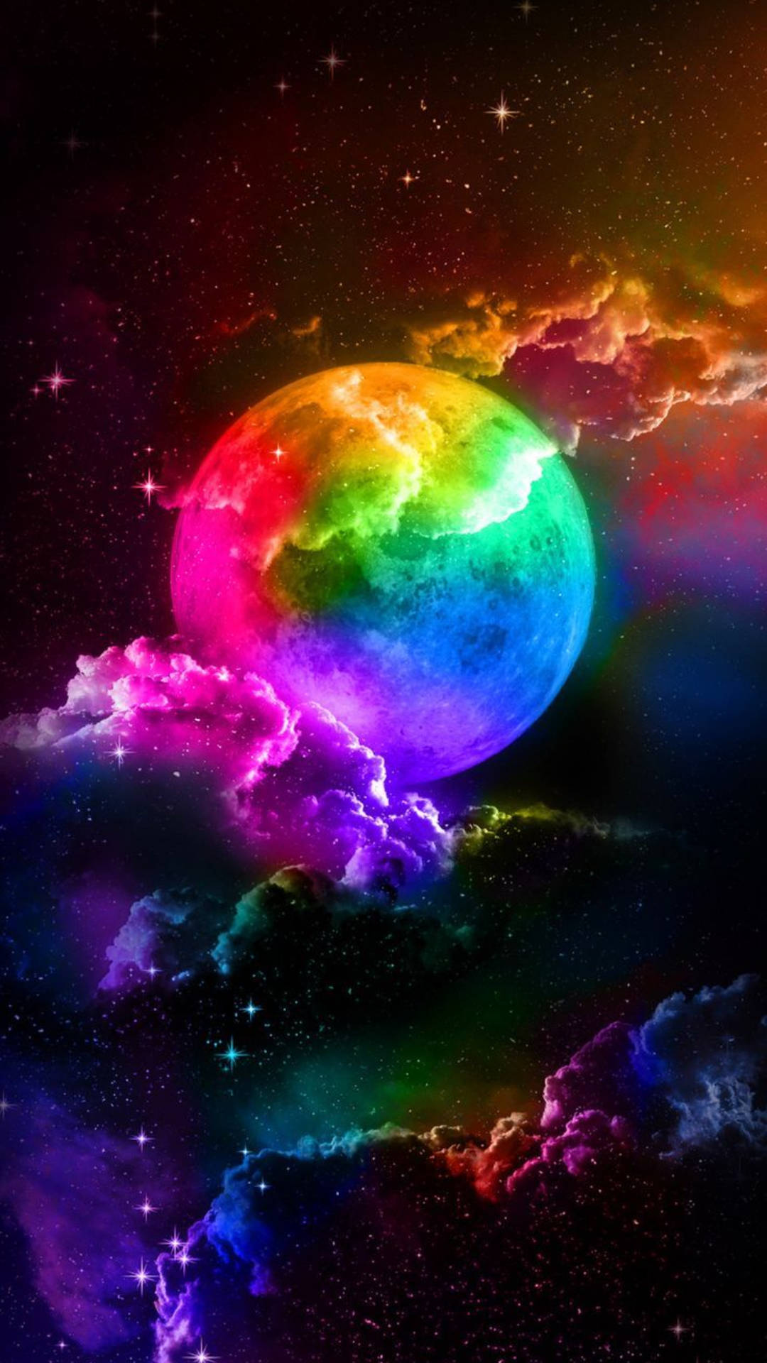 在深空中被發光雲層和星星環繞的彩色行星。