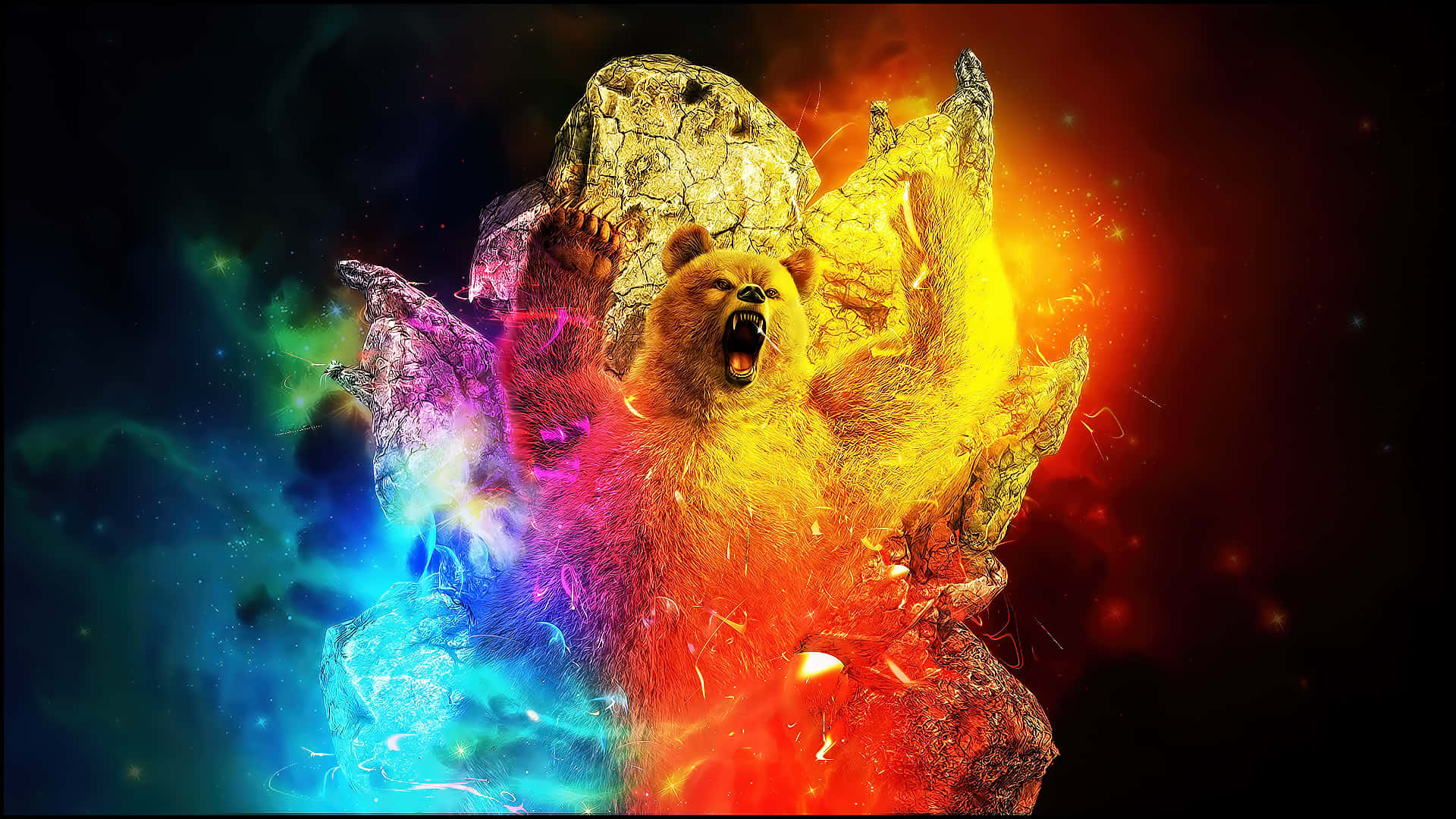 一頭兇猛的熊在色彩繽紛的宇宙爆炸中咆哮，周圍是發光的星雲。